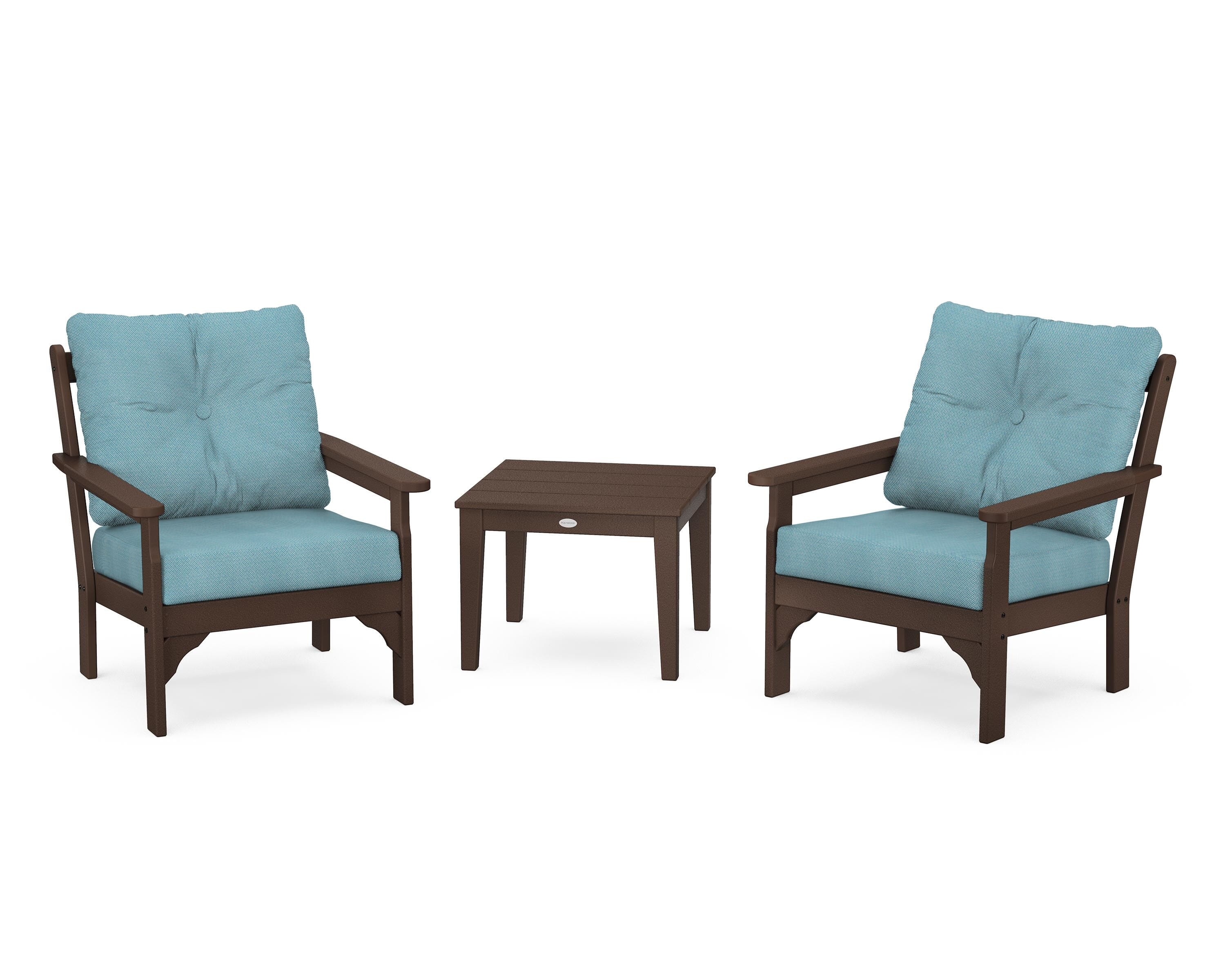 POLYWOOD® Vineyard 3-Piece Deep Seating Set in Mahogany / Lattice Sky Blue