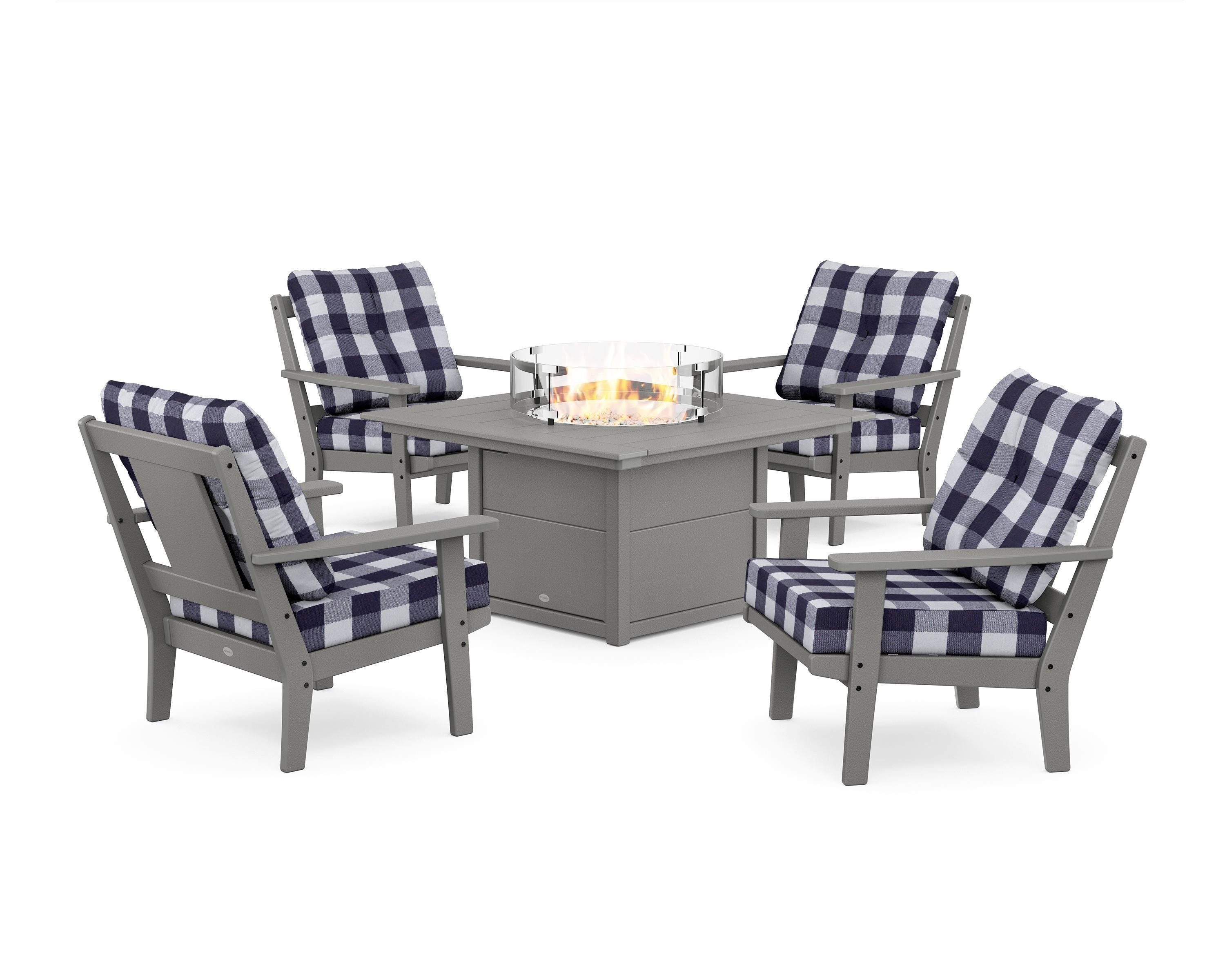 POLYWOOD® Prairie 5-Piece Deep Seating Set with Fire Pit Table in Slate Grey / Buffalo Plaid Navy