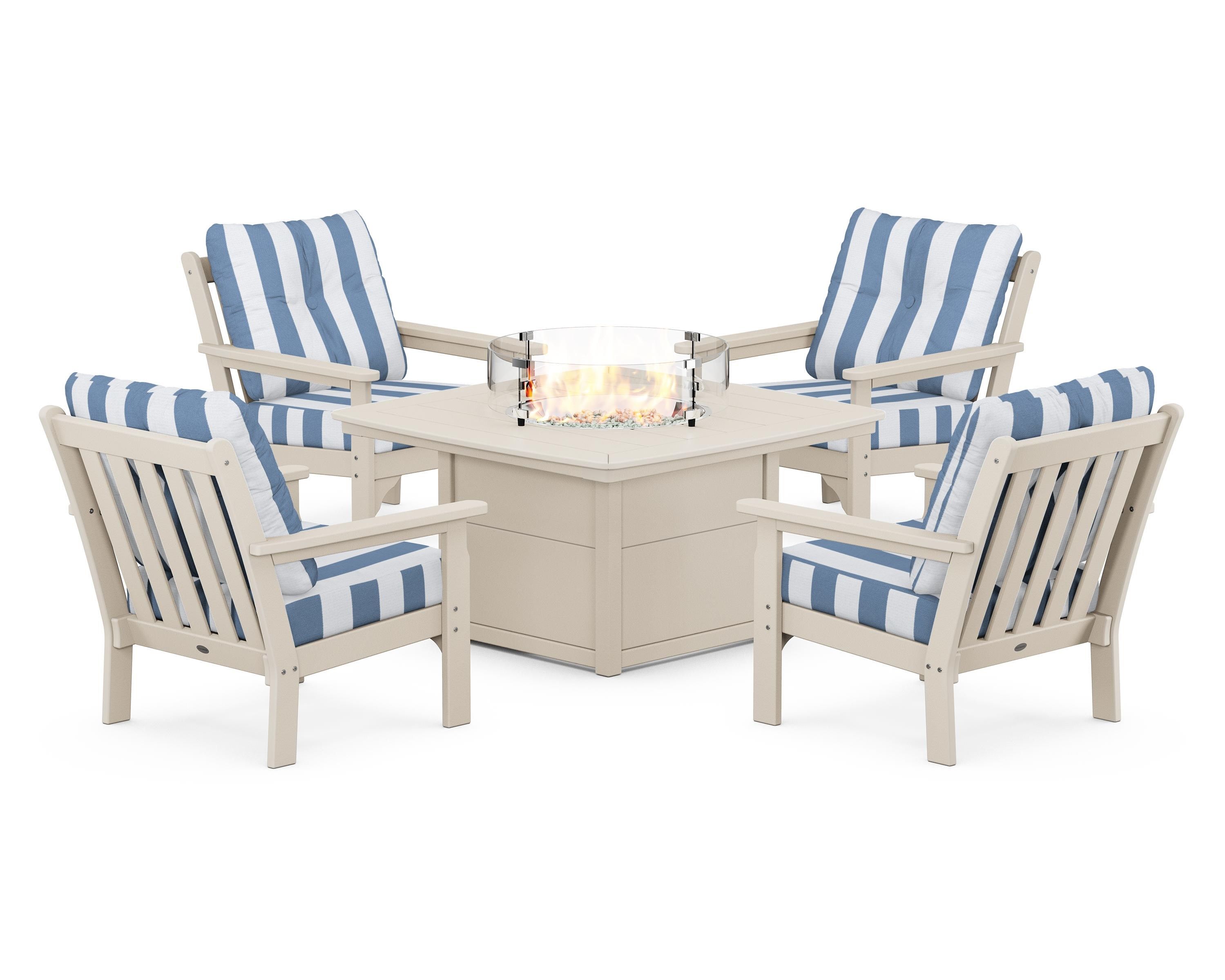 POLYWOOD® Vineyard 5-Piece Conversation Set with Fire Pit Table in Sand / Cabana Stripe Sky Blue