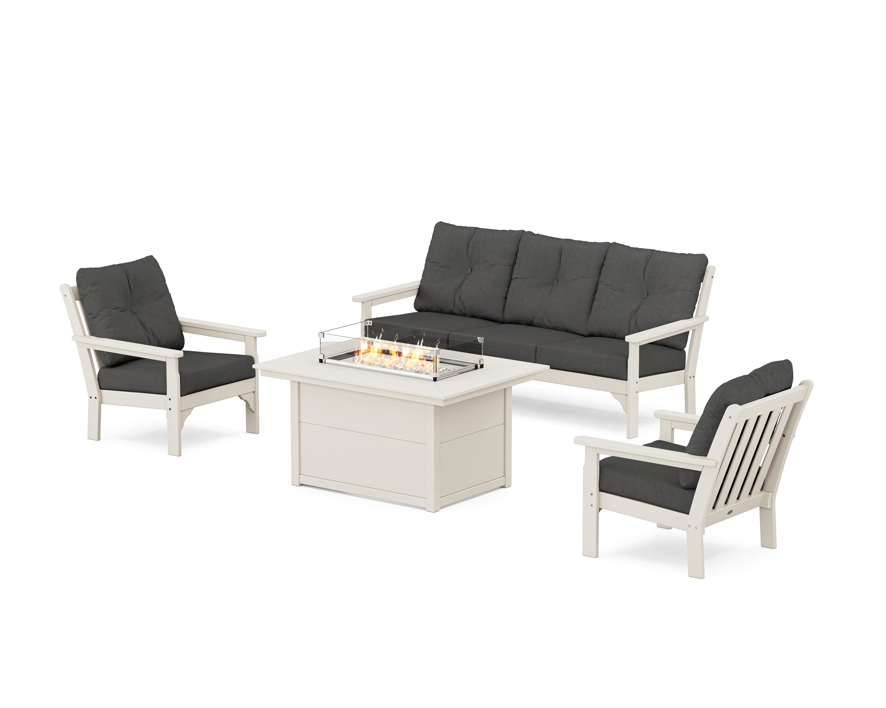 POLYWOOD® Vineyard Deep Seating Fire Pit Table Set in Sand / Spectrum Carbon
