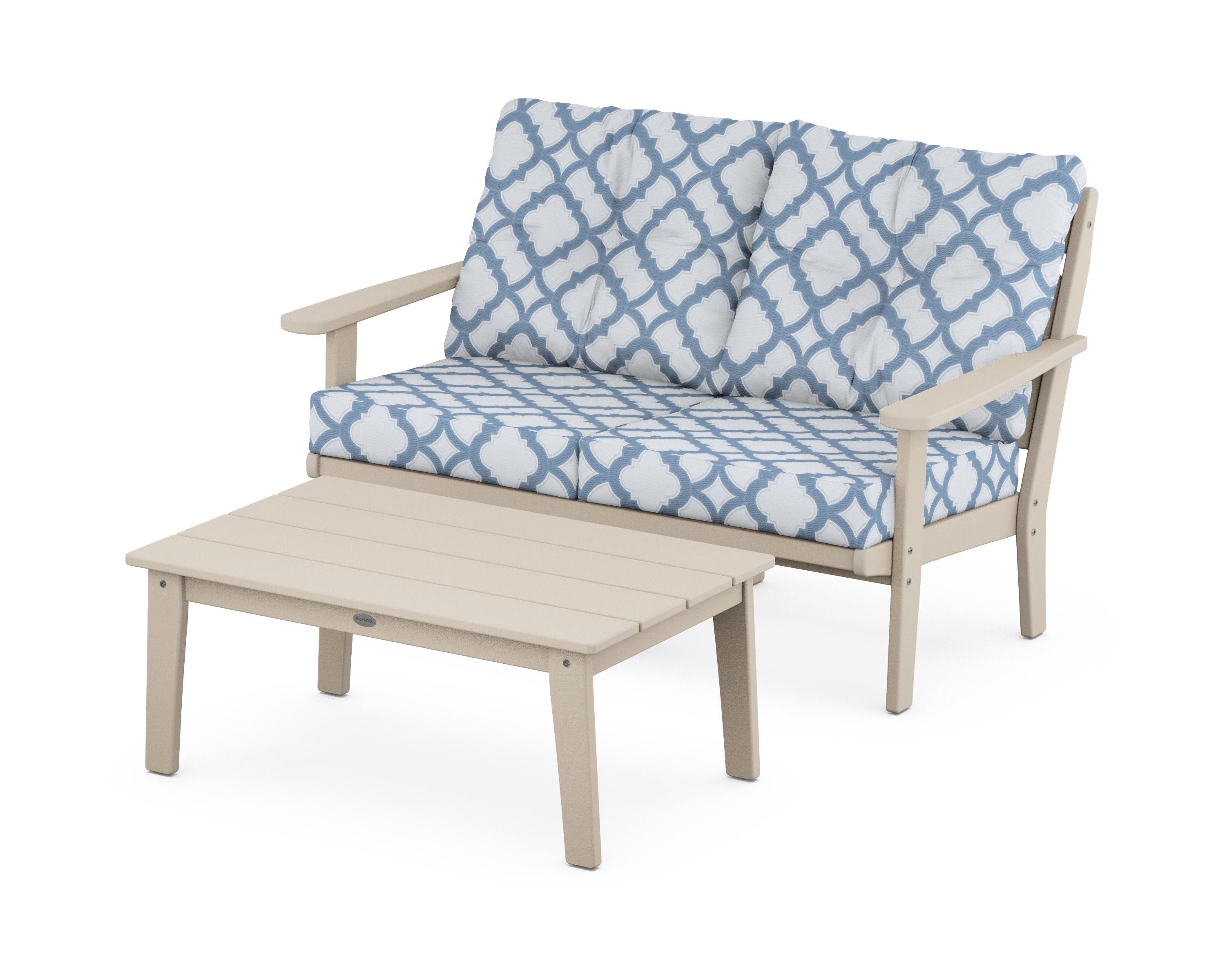 POLYWOOD® Lakeside 2-Piece Lounge Loveseat Set in Sand / Trellis Sky Blue