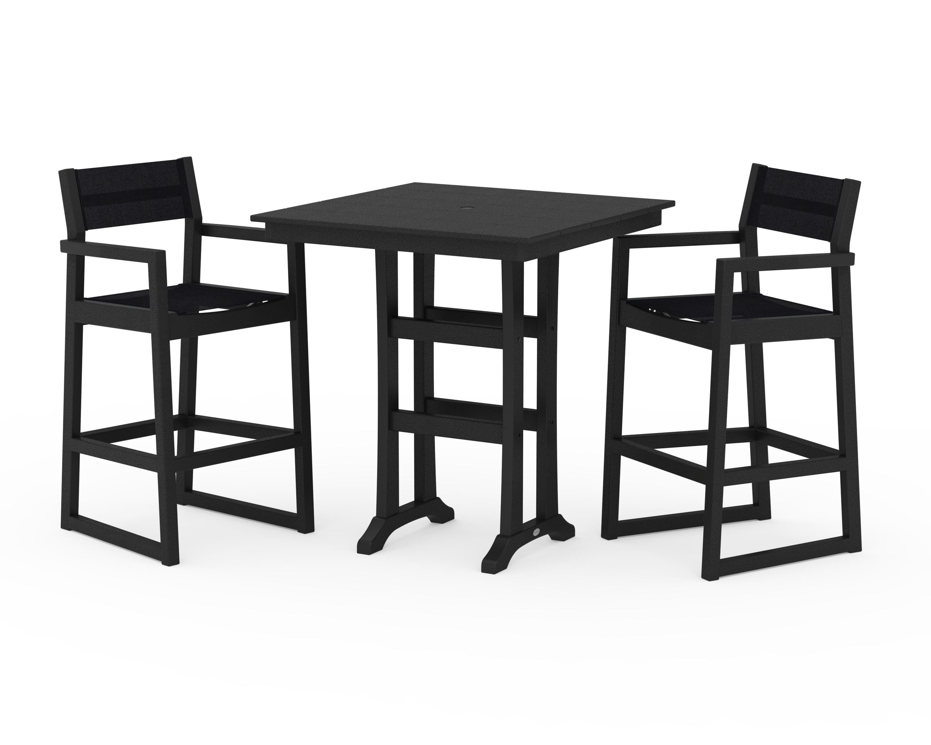 POLYWOOD® EDGE Sling Arm Chair 3-Piece Farmhouse Bar Set with Trestle Legs in Black / Black Sling