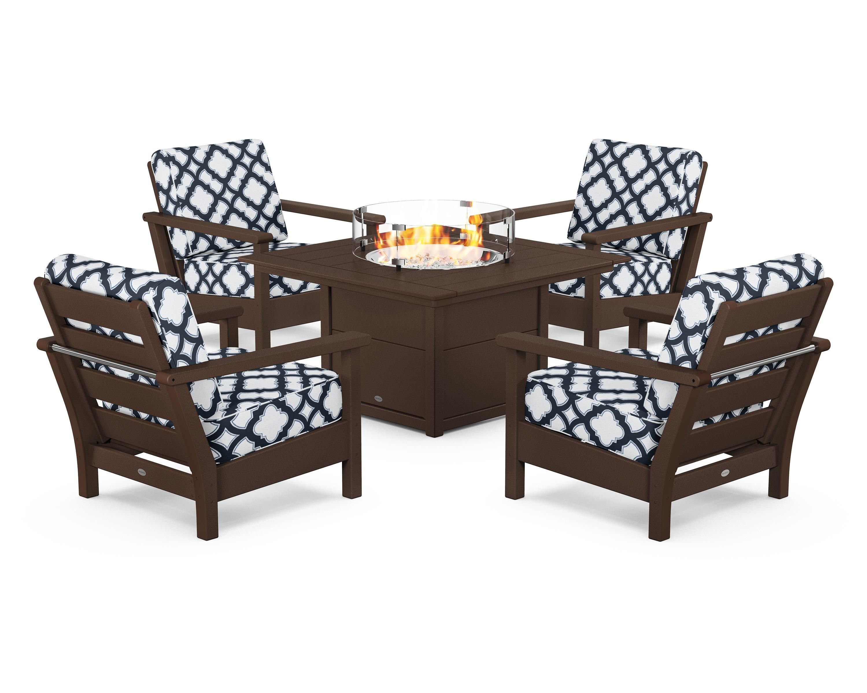 POLYWOOD® Harbour 5-Piece Conversation Set with Fire Pit Table in Mahogany / Trellis Marine Indigo