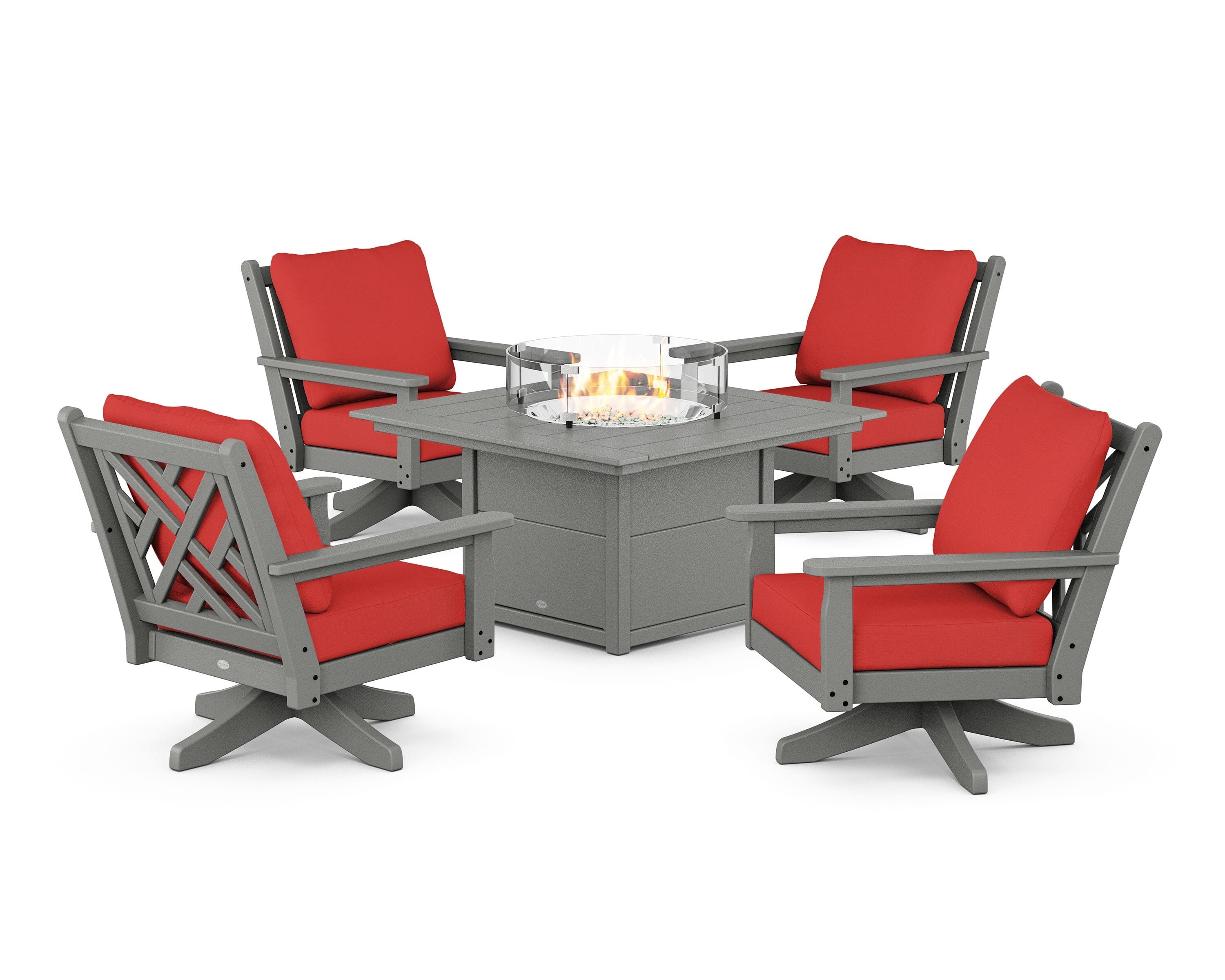 POLYWOOD® Chippendale 5-Piece Deep Seating Swivel Conversation Set with Fire Pit Table in Slate Grey / Crimson Linen