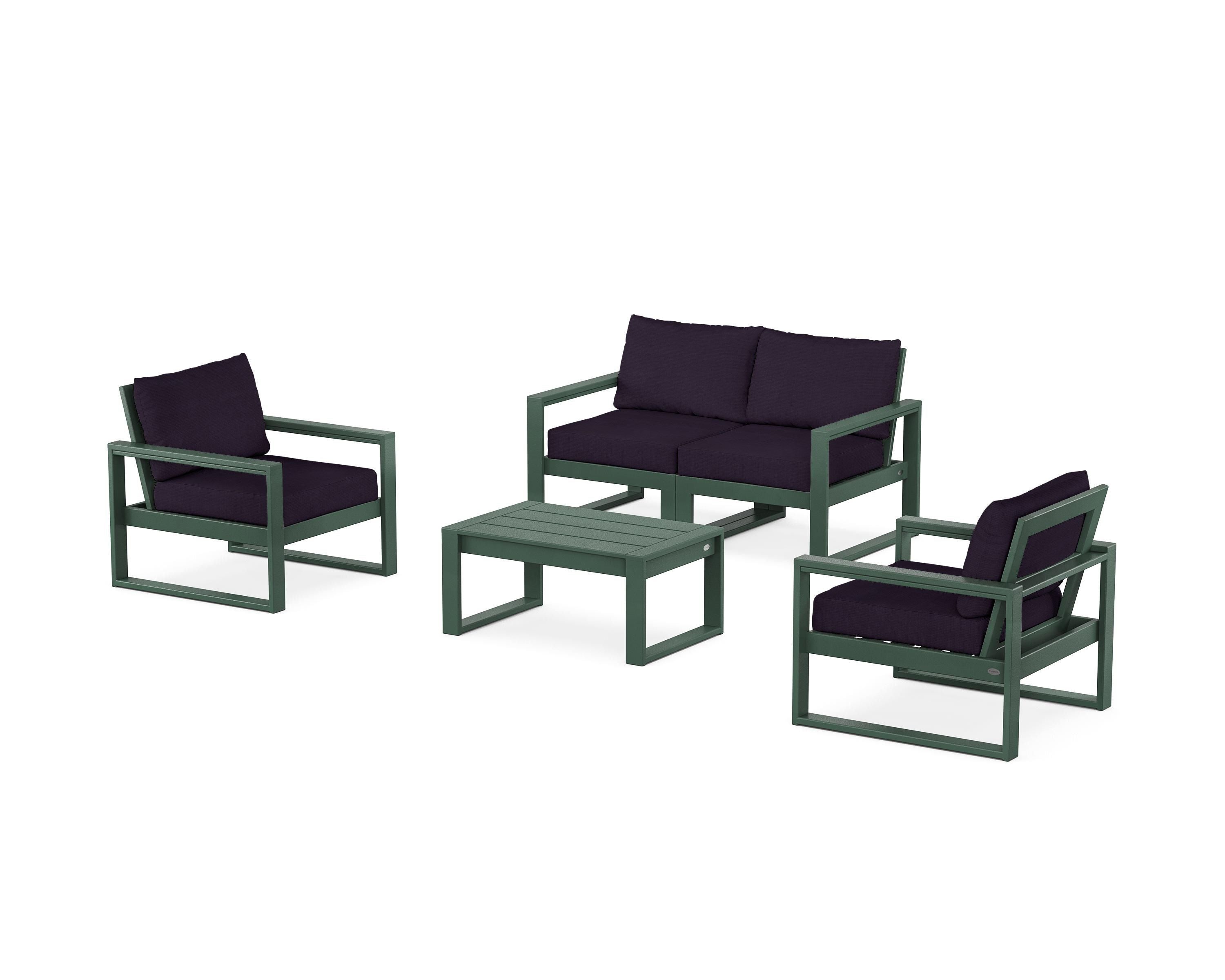 POLYWOOD® EDGE Sectional 4-Piece Deep Seating Set with Loveseat in Green / Navy Linen