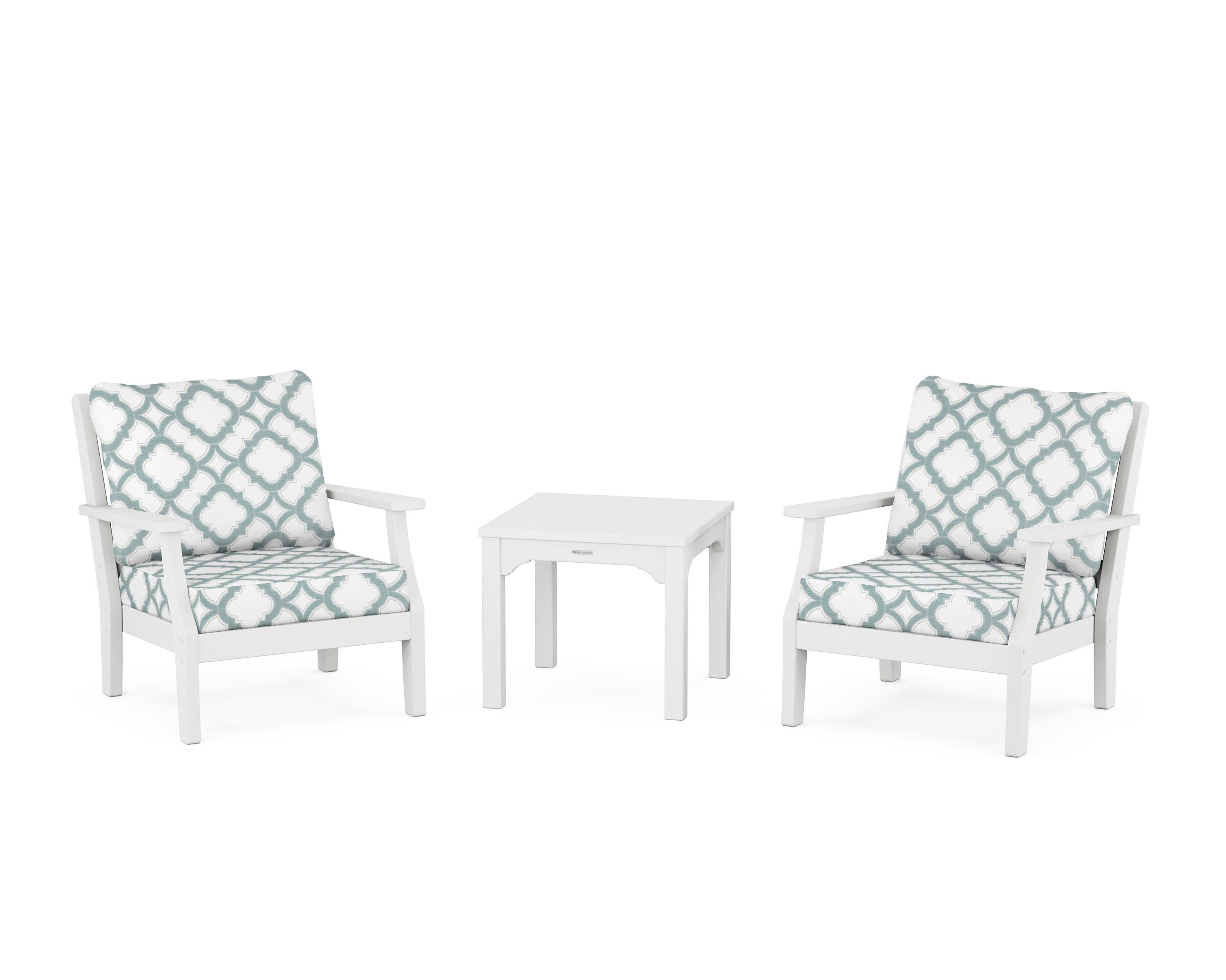 Martha Stewart by POLYWOOD® Chinoiserie 3-Piece Deep Seating Set in White / Trellis Glacier Spa