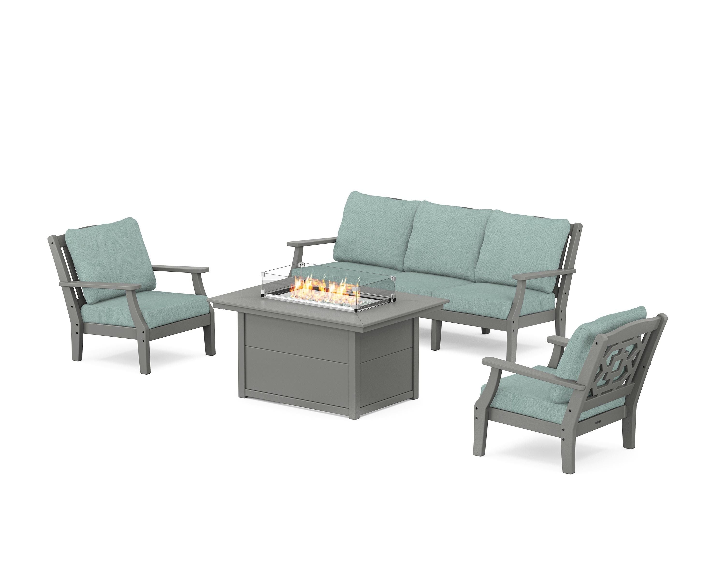 Martha Stewart by POLYWOOD® Chinoiserie Deep Seating Fire Pit Table Set in Slate Grey / Glacier Spa