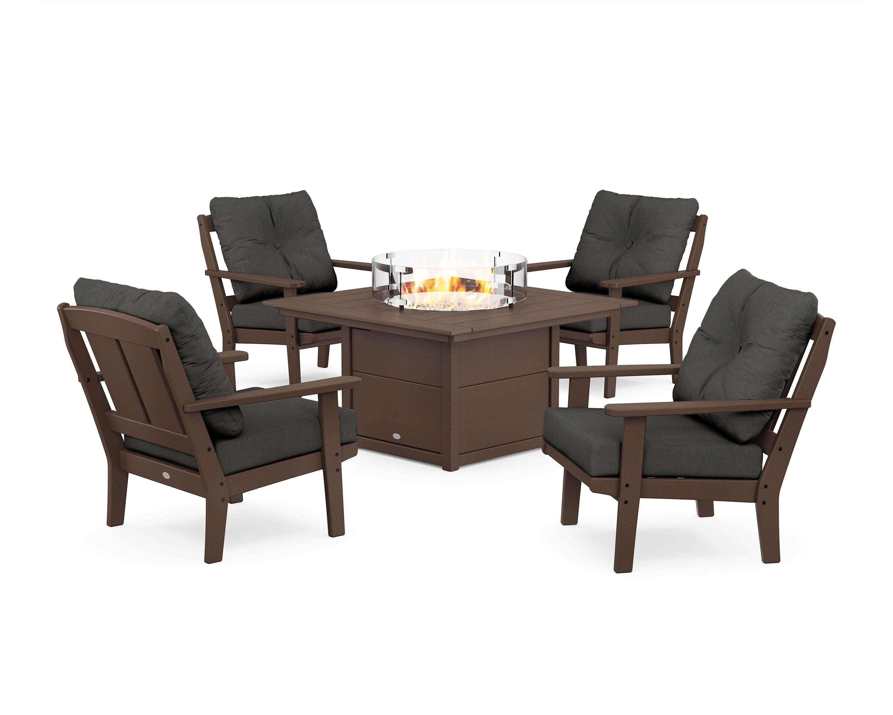 POLYWOOD® Mission 5-Piece Deep Seating Set with Fire Pit Table in Mahogany / Spectrum Carbon