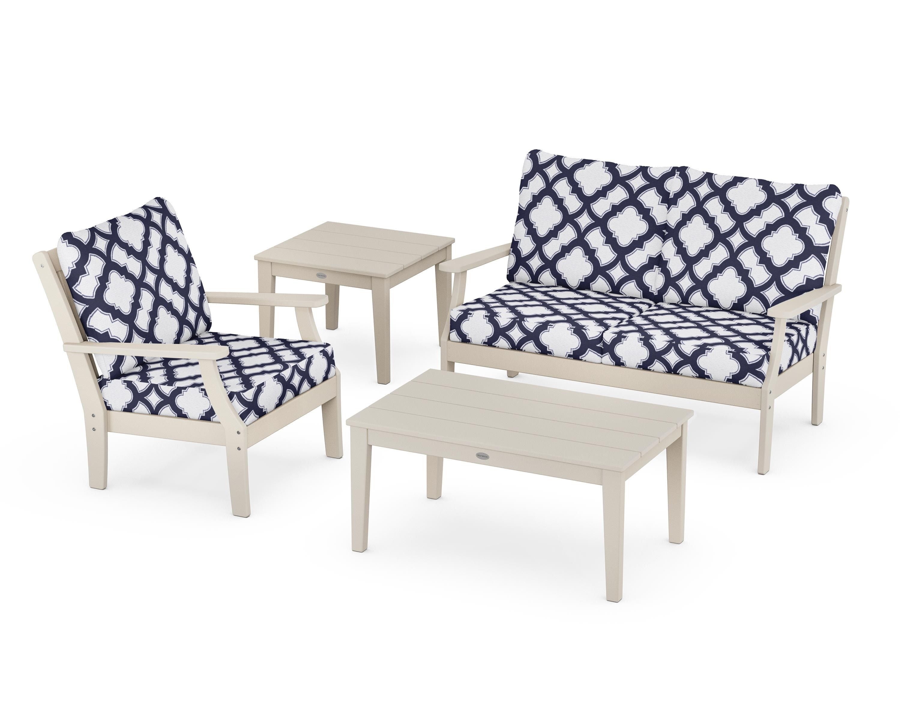 POLYWOOD® Braxton 4-Piece Deep Seating Set in Sand / Trellis Navy