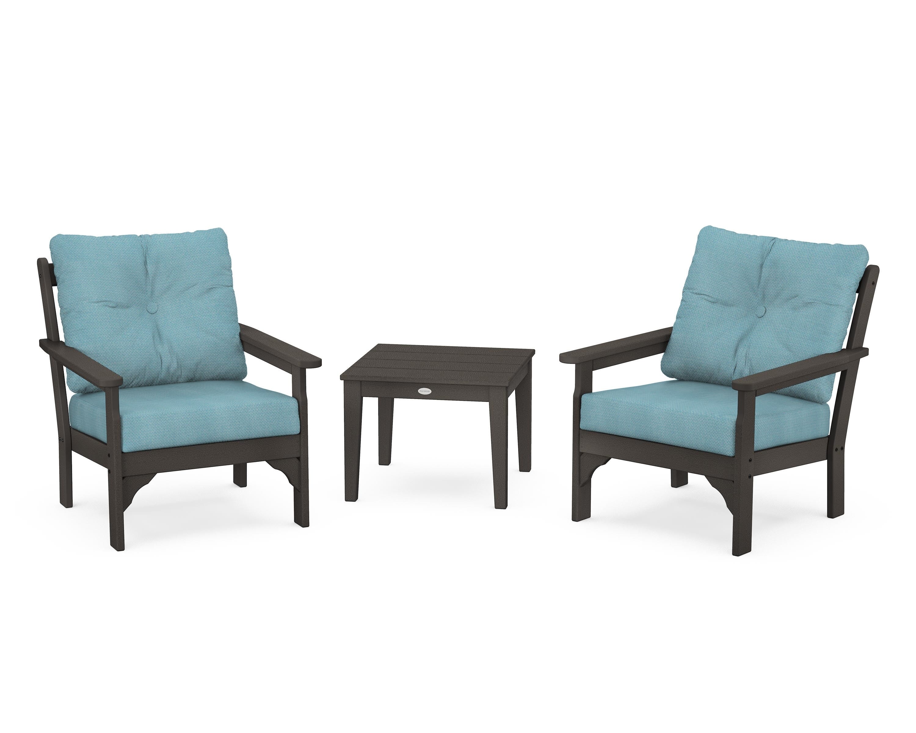 POLYWOOD® Vineyard 3-Piece Deep Seating Set in Vintage Coffee / Lattice Sky Blue