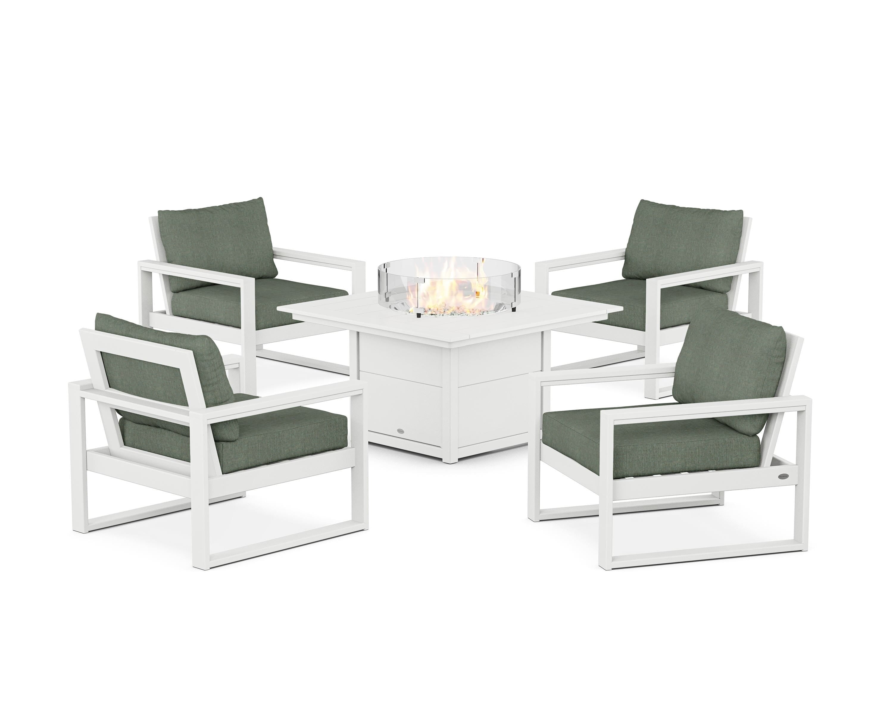 POLYWOOD® EDGE Sectional 5-Piece Deep Seating Set with Fire Pit Table in White / Cast Sage