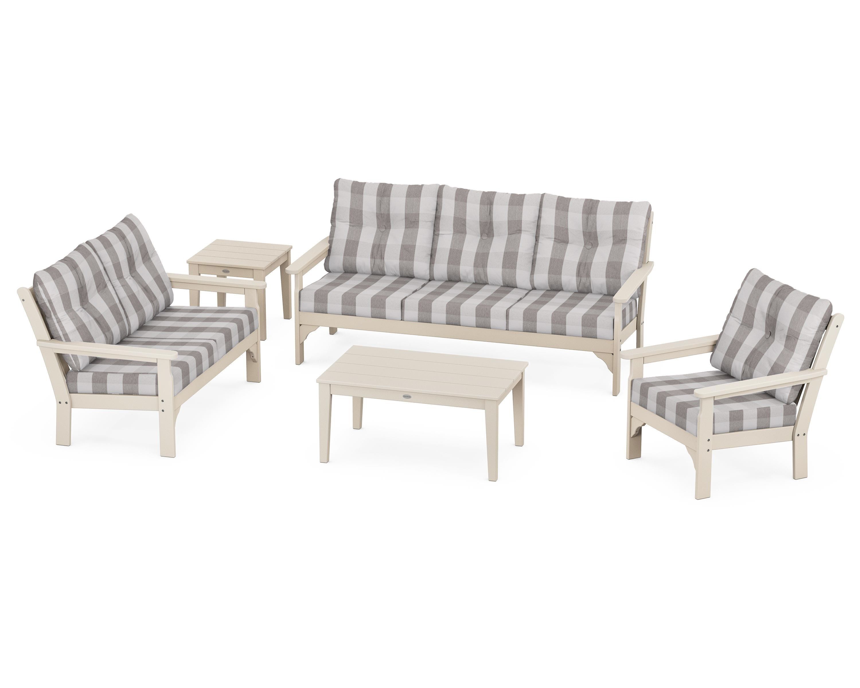 POLYWOOD® Vineyard 5 Piece Deep Seating Set in Sand / Buffalo Plaid Grey Mist
