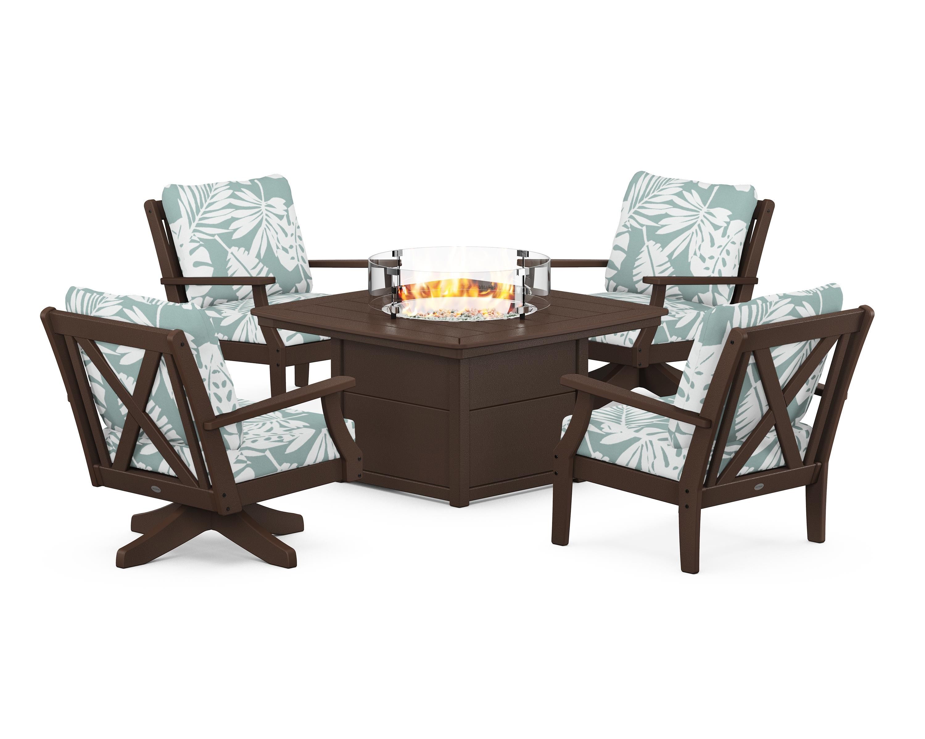 POLYWOOD® Braxton 5-Piece Deep Seating Set with Fire Table in Mahogany / Leaf Glacier Spa