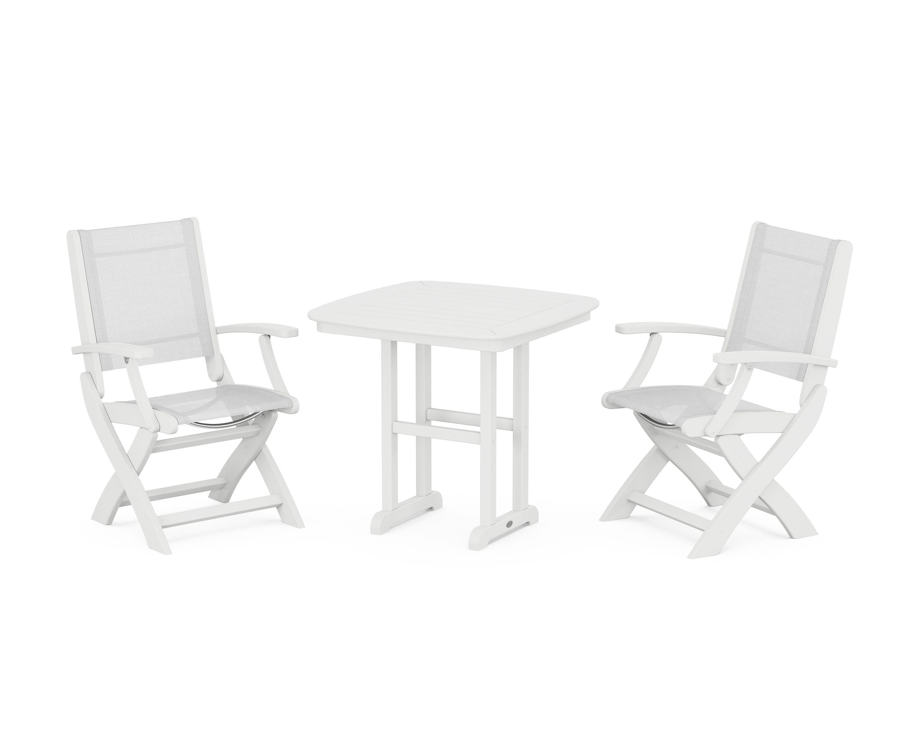 POLYWOOD® Coastal Folding Chair 3-Piece Dining Set in White / White Sling