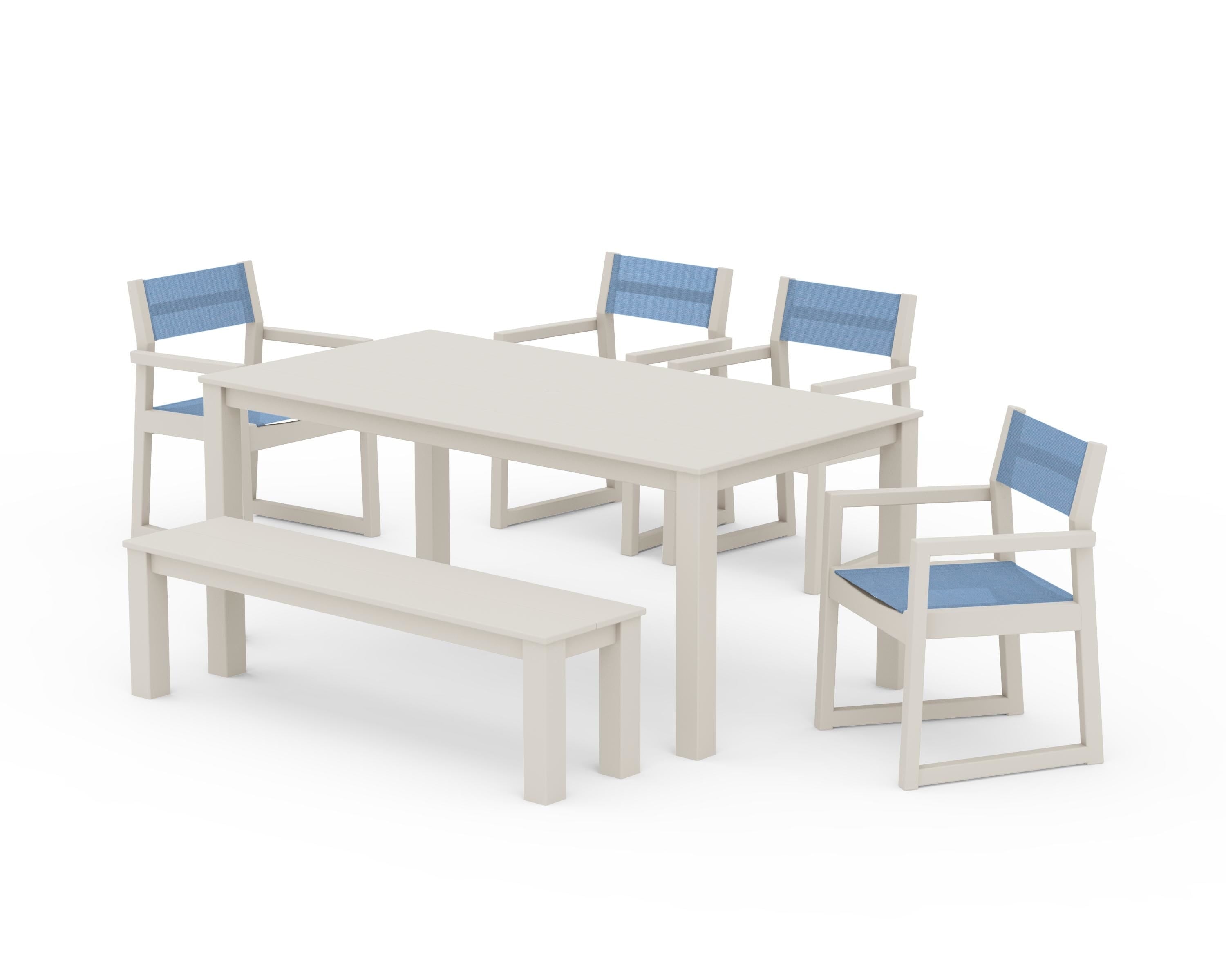 POLYWOOD® EDGE Sling Arm Chair 6-Piece Parsons Dining Set with Bench in Sand / Poolside Sling