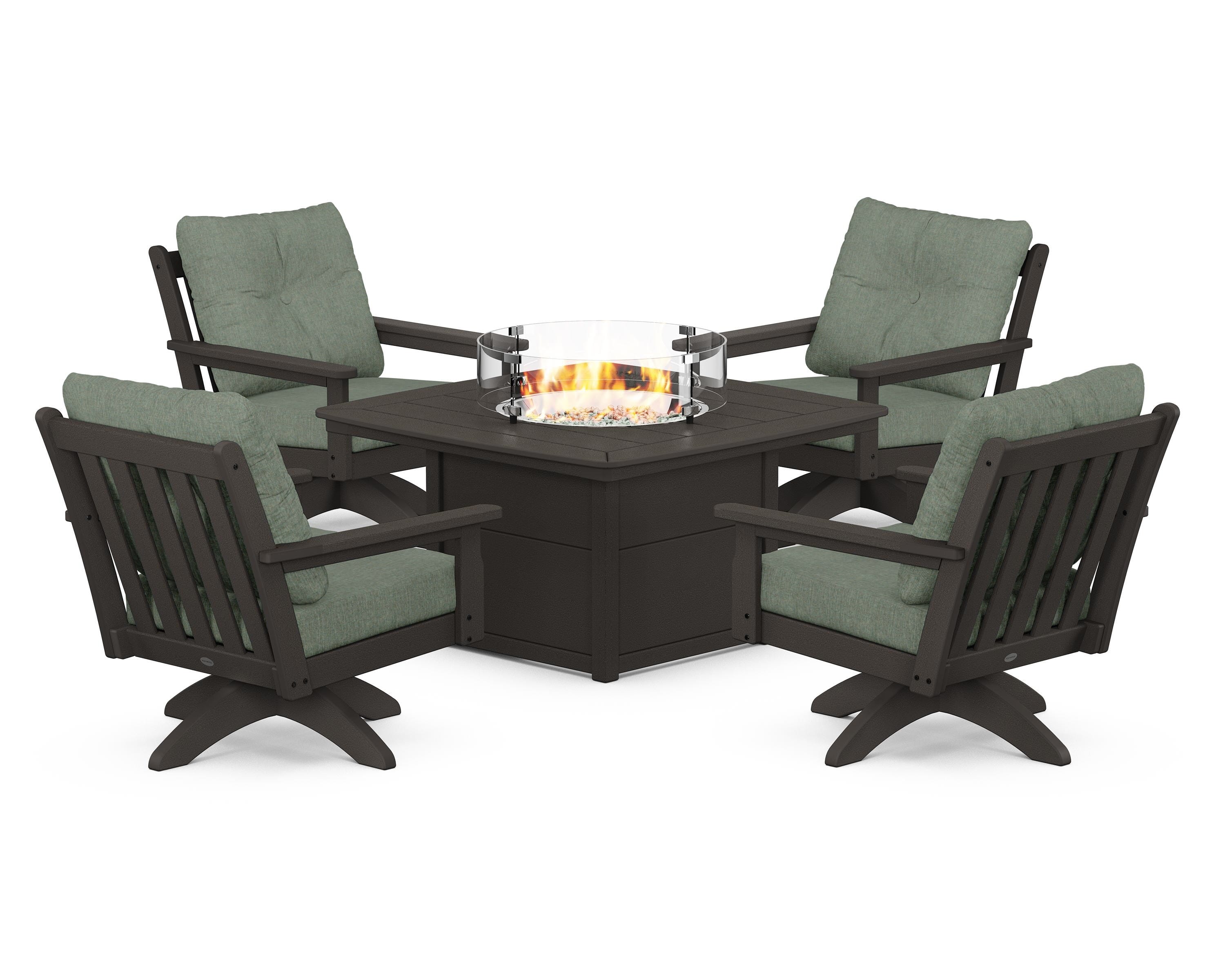 POLYWOOD® Vineyard 5-Piece Deep Seating Swivel Conversation Set with Fire Pit Table in Vintage Coffee / Cast Sage