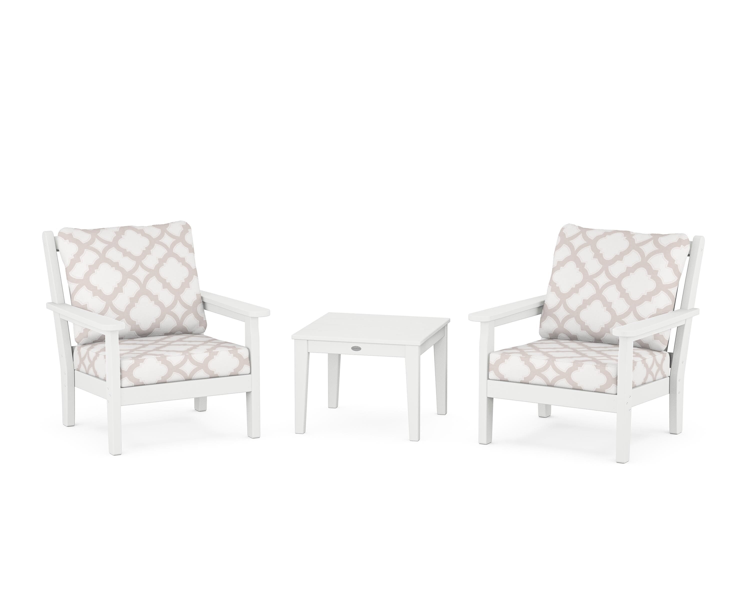 POLYWOOD® Chippendale 3-Piece Deep Seating Set in White / Trellis Dune Burlap