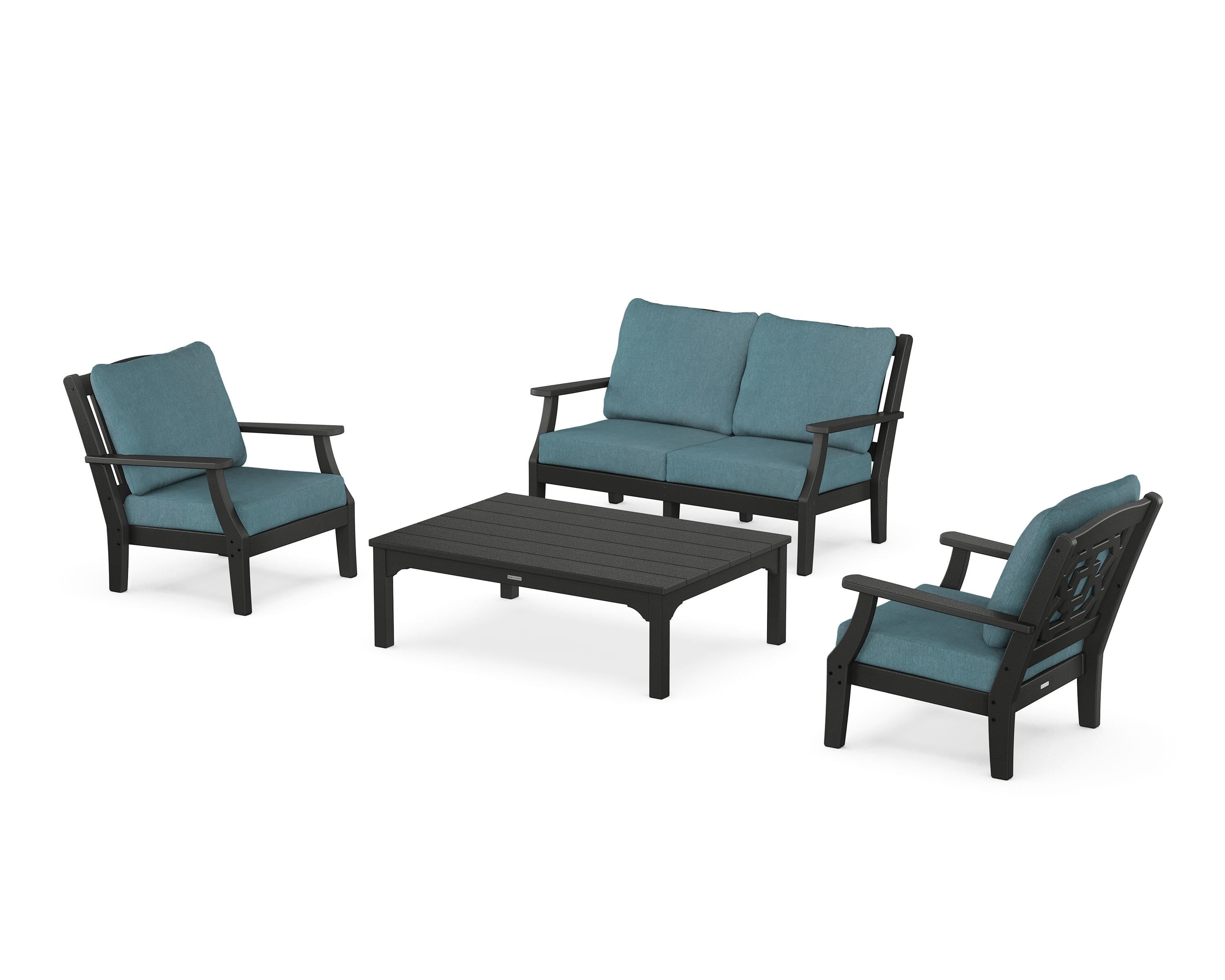 Martha Stewart by POLYWOOD® Chinoiserie 4-Piece Deep Seating Set with Loveseat in Black / Ocean Teal