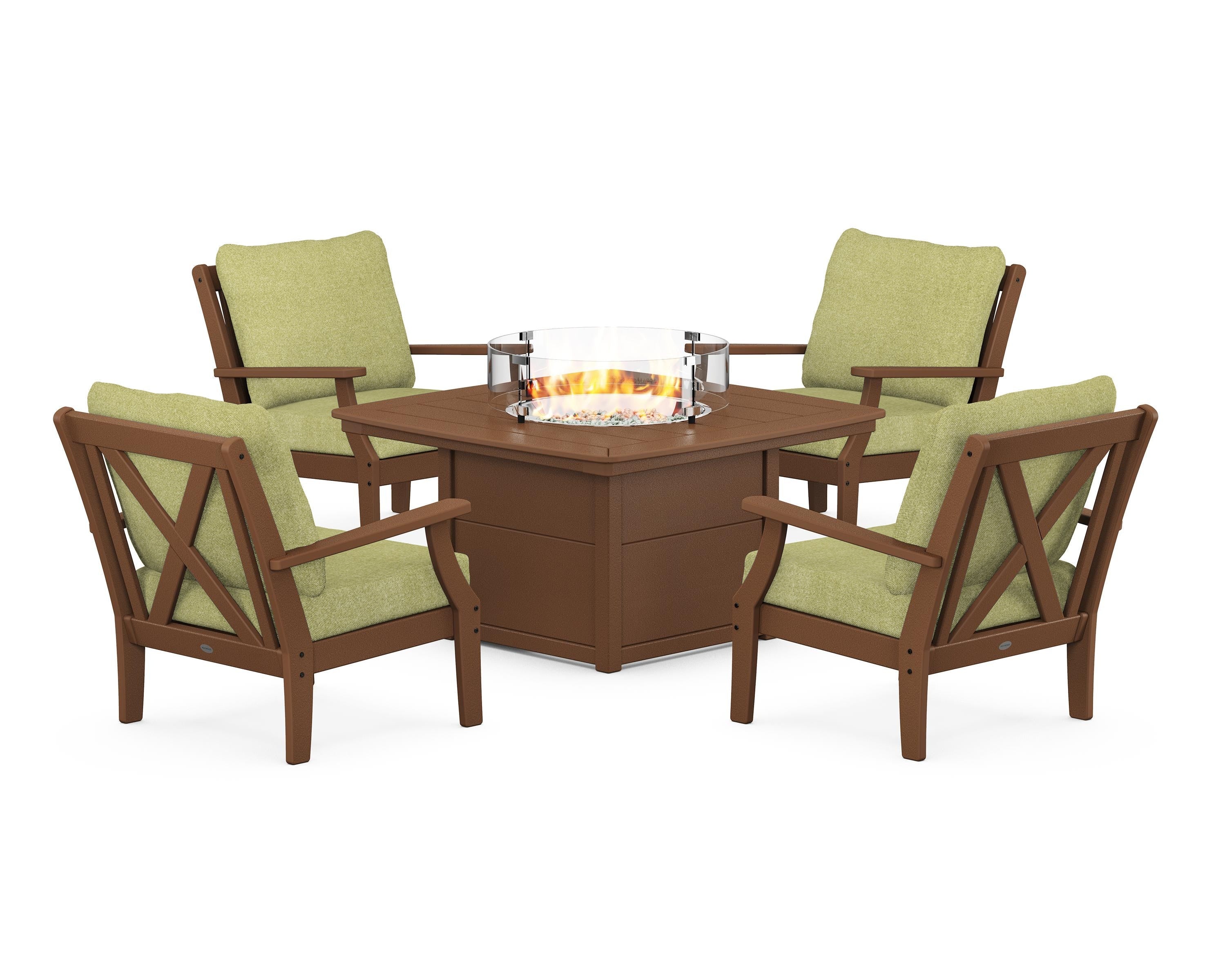 POLYWOOD® Braxton 5-Piece Deep Seating Conversation Set with Fire Pit Table in Teak / Chartreuse Boucle