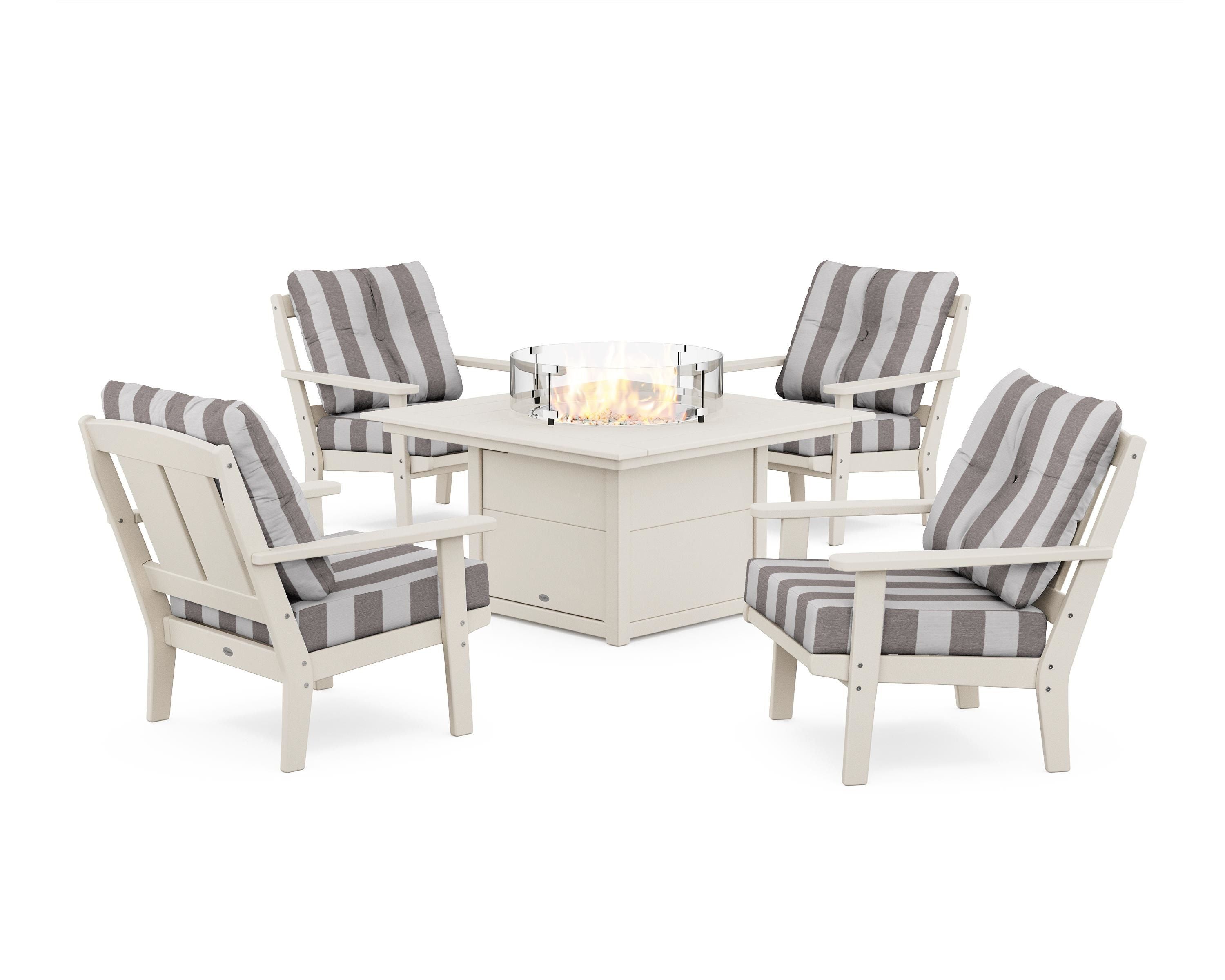 POLYWOOD® Mission 5-Piece Deep Seating Set with Fire Pit Table in Sand / Cabana Stripe Grey Mist