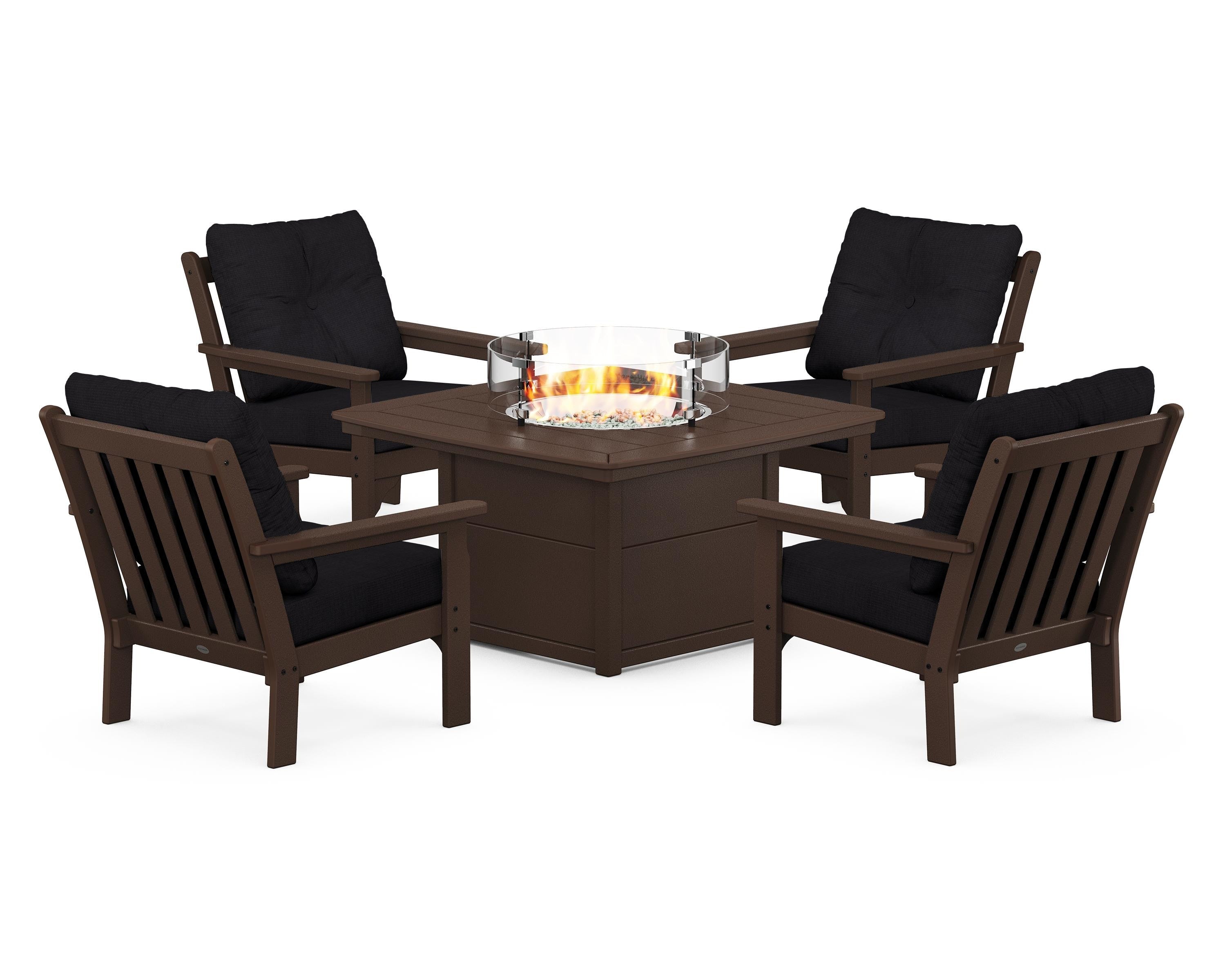 POLYWOOD® Vineyard 5-Piece Conversation Set with Fire Pit Table in Mahogany / Midnight Linen