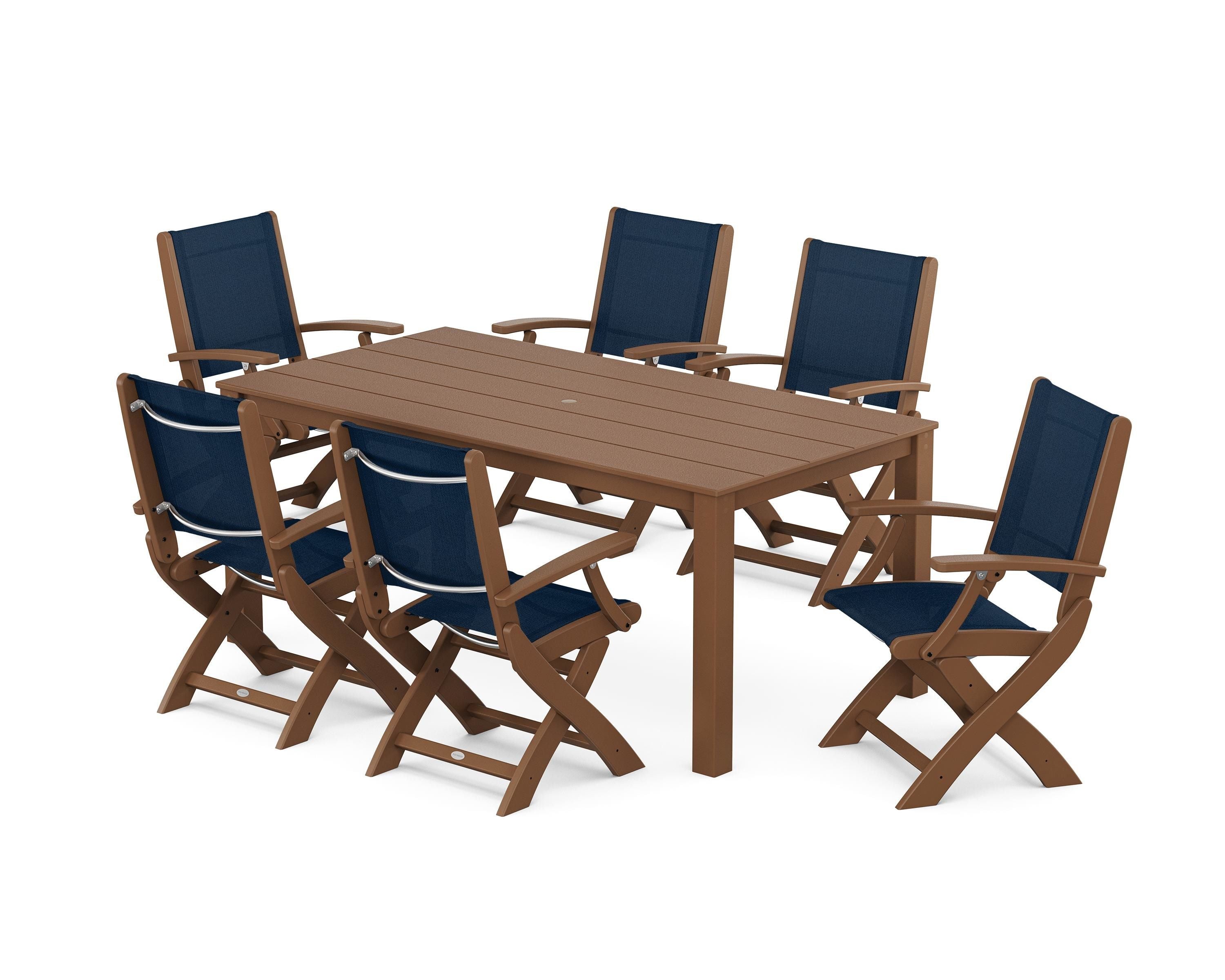 POLYWOOD® Coastal Folding Chair 7-Piece Parsons Dining Set in Teak / Navy Blue Sling