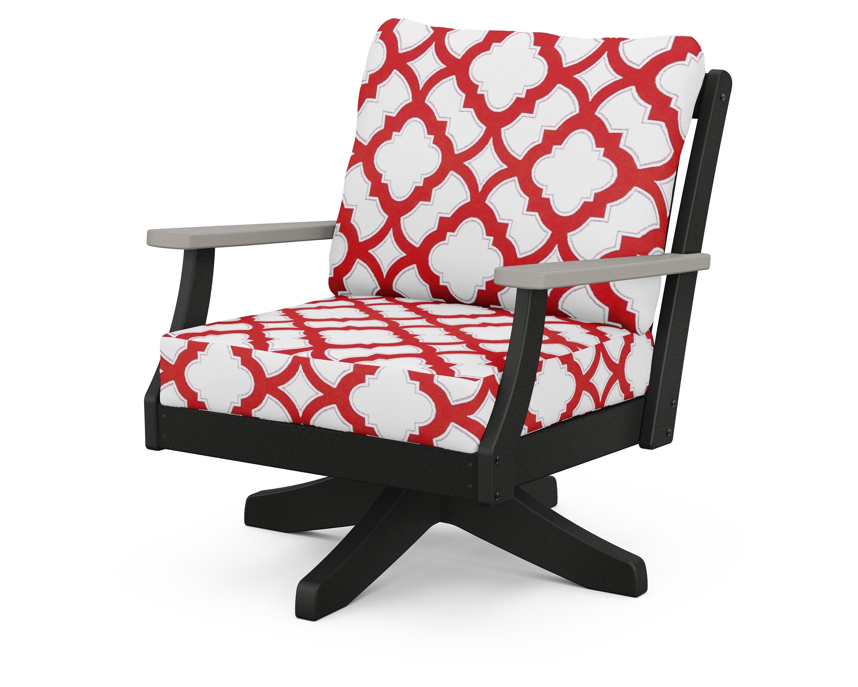 POLYWOOD® Braxton Deep Seating Swivel Chair in Black / Driftwood / Trellis Crimson