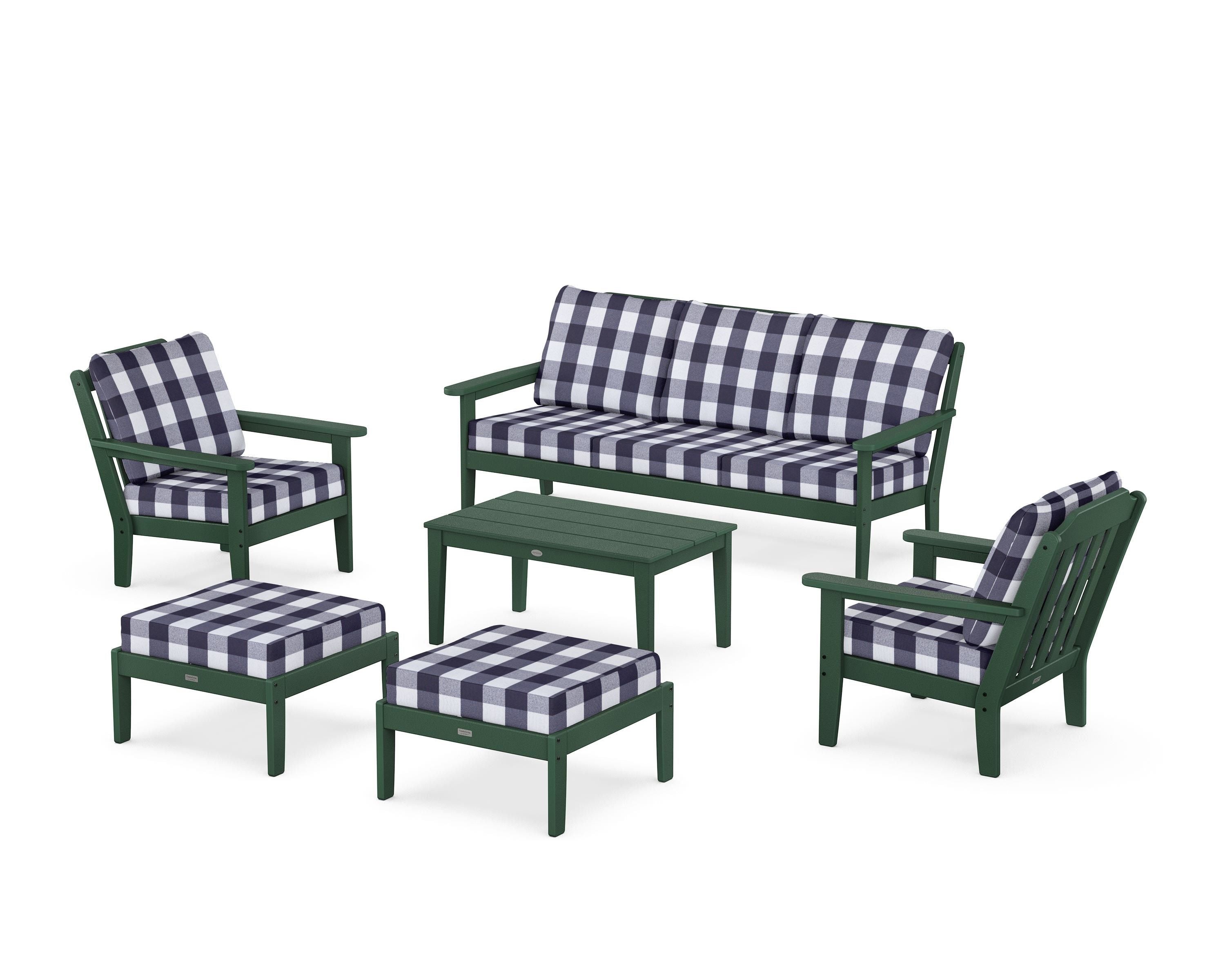 Country Living Cottage 6-Piece Lounge Sofa Set in Green / Buffalo Plaid Navy