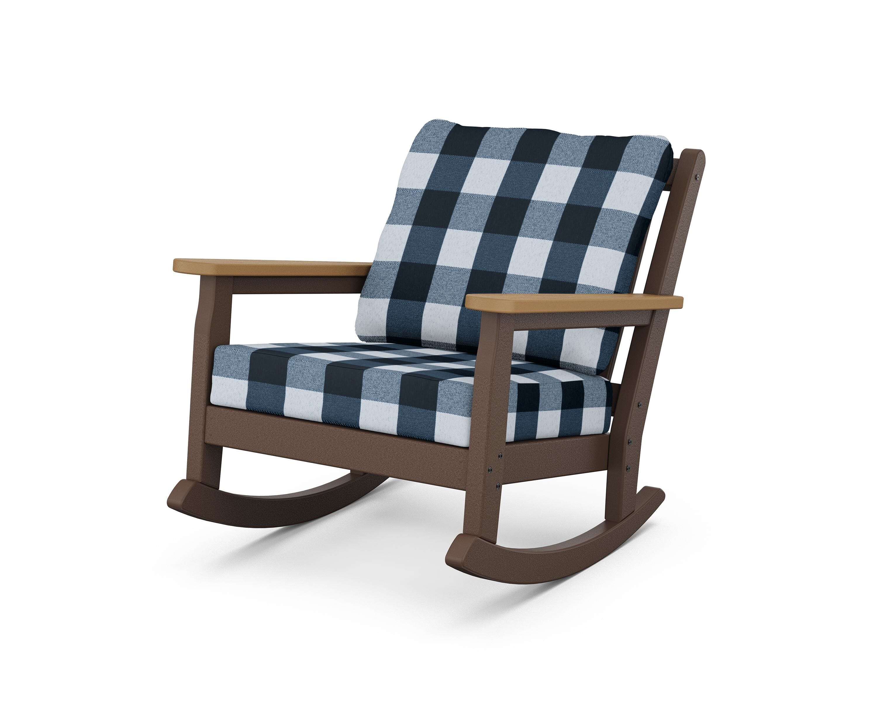 POLYWOOD® Chippendale Deep Seating Rocking Chair in Mahogany / Natural / Buffalo Plaid Marine Indigo