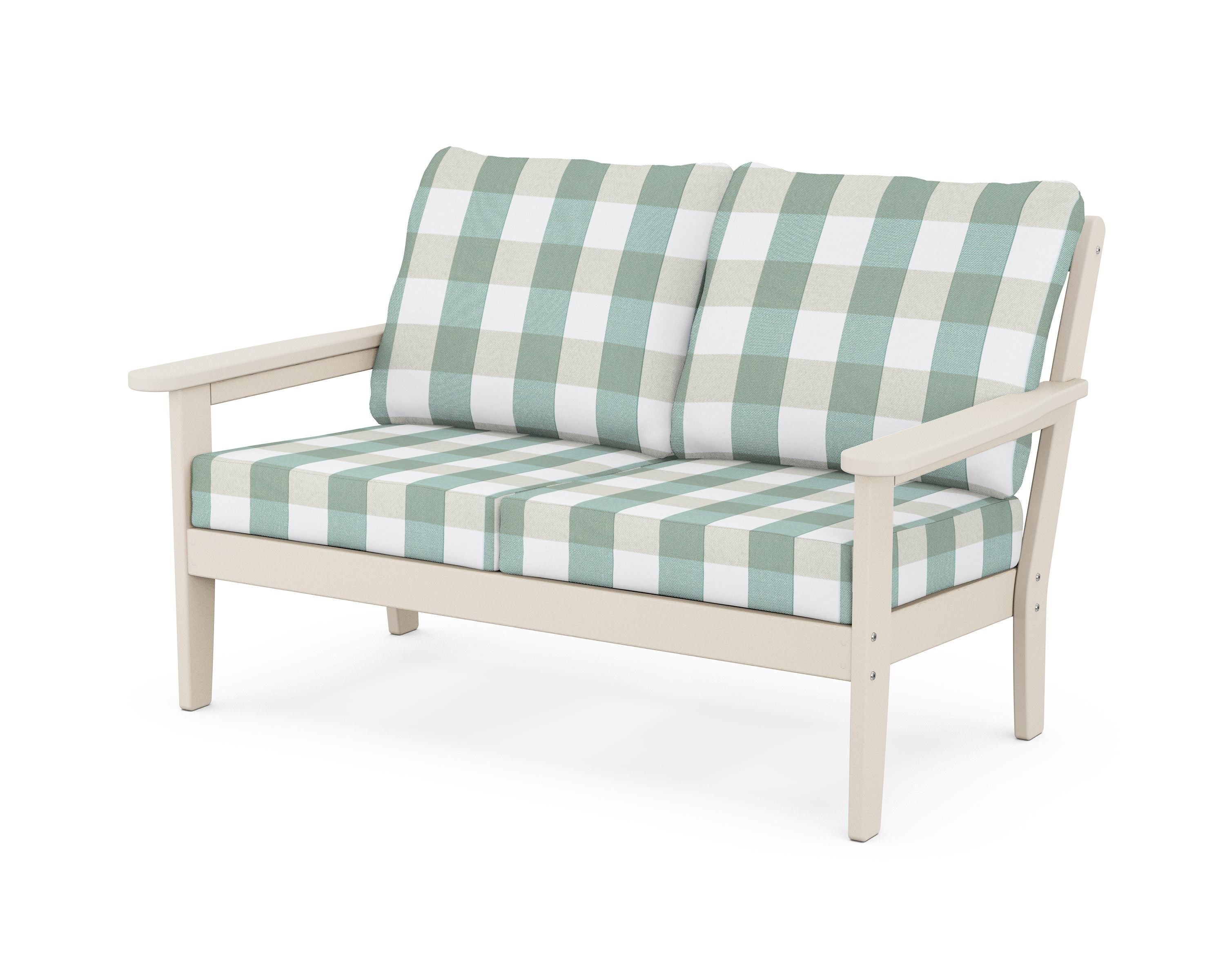 Country Living Cottage Deep Seating Loveseat in Sand / Buffalo Plaid Glacier Spa