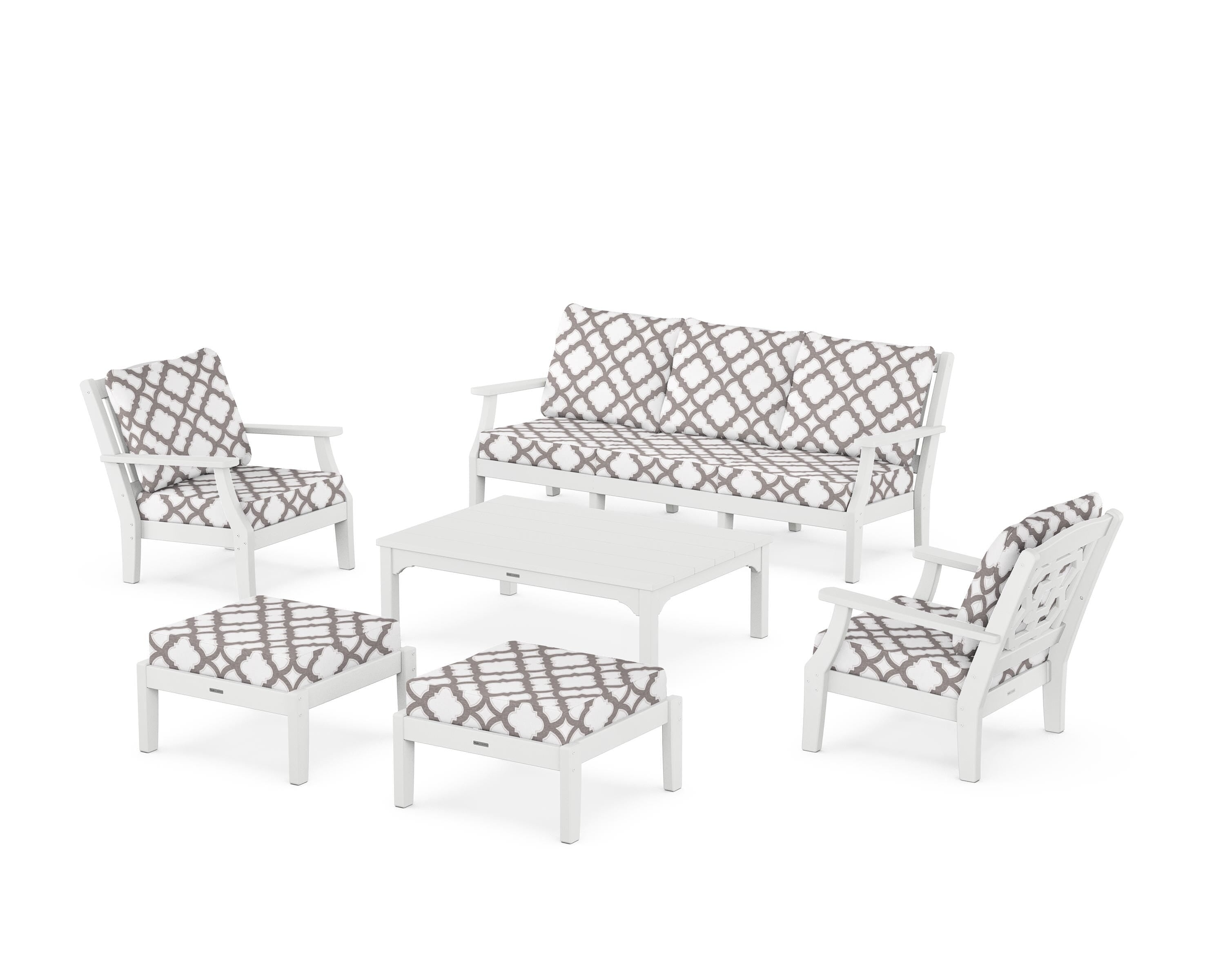 Martha Stewart by POLYWOOD® Chinoiserie 6-Piece Lounge Sofa Set in White / Trellis Grey Mist