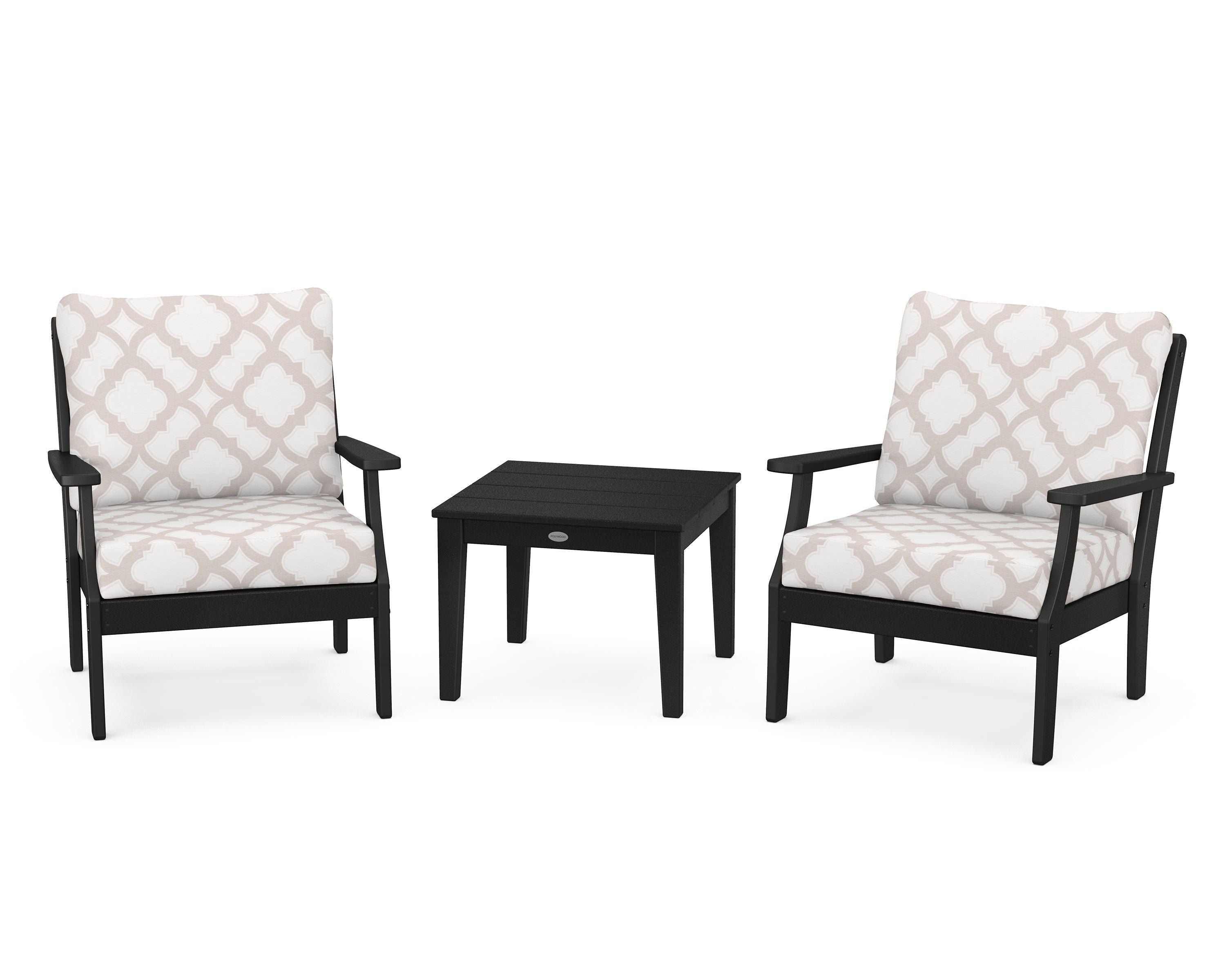 POLYWOOD® Braxton 3-Piece Deep Seating Set in Black / Trellis Dune Burlap