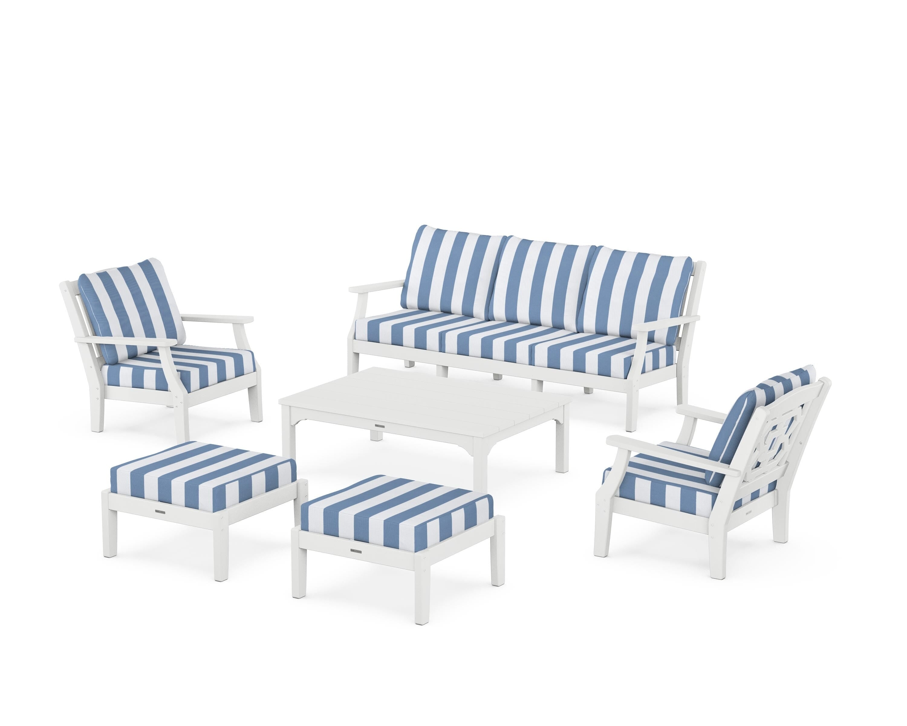 Martha Stewart by POLYWOOD® Chinoiserie 6-Piece Lounge Sofa Set in White / Cabana Stripe Sky Blue