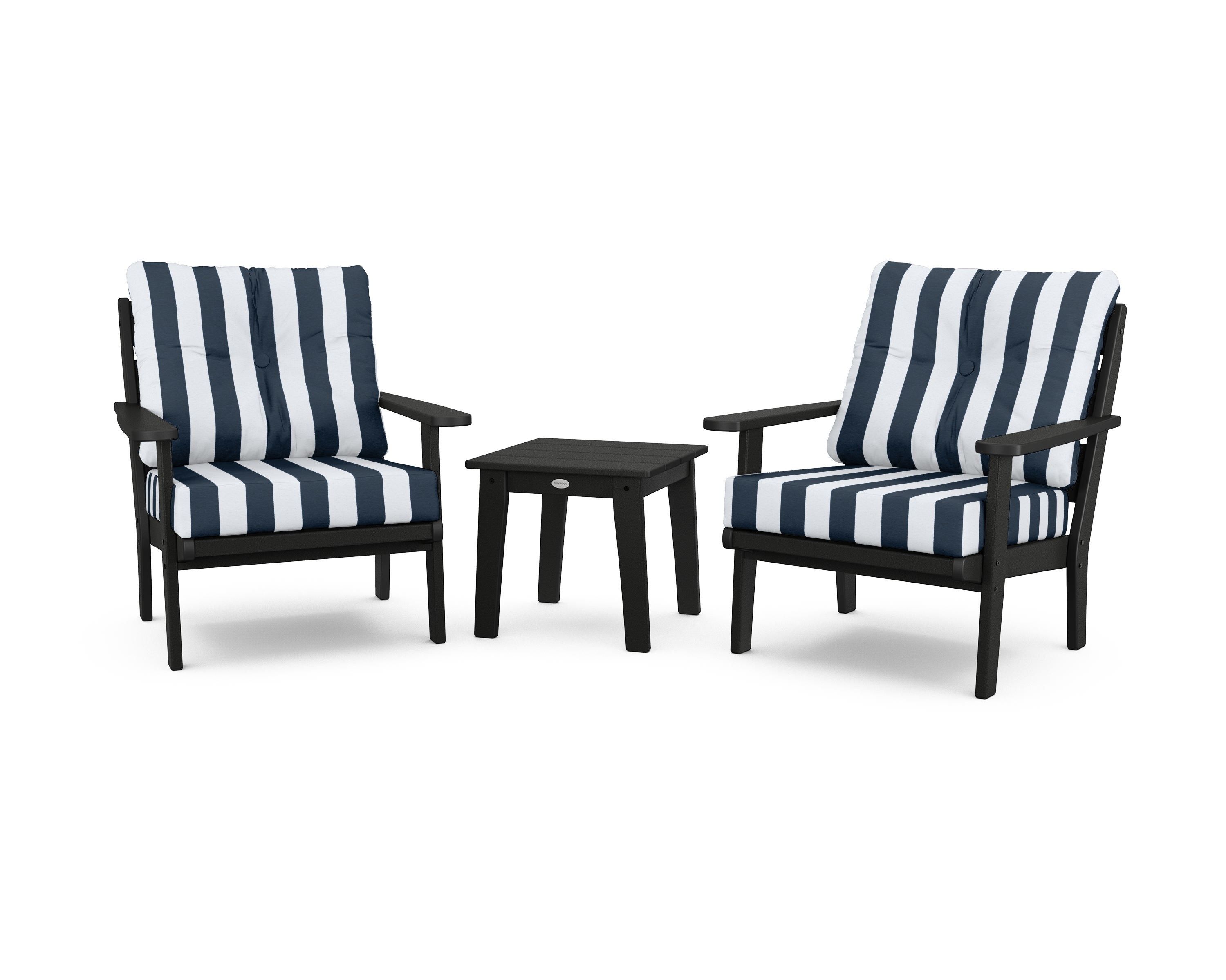POLYWOOD® Lakeside 3-Piece Deep Seating Chair Set in Black / Cabana Stripe Marine Indigo