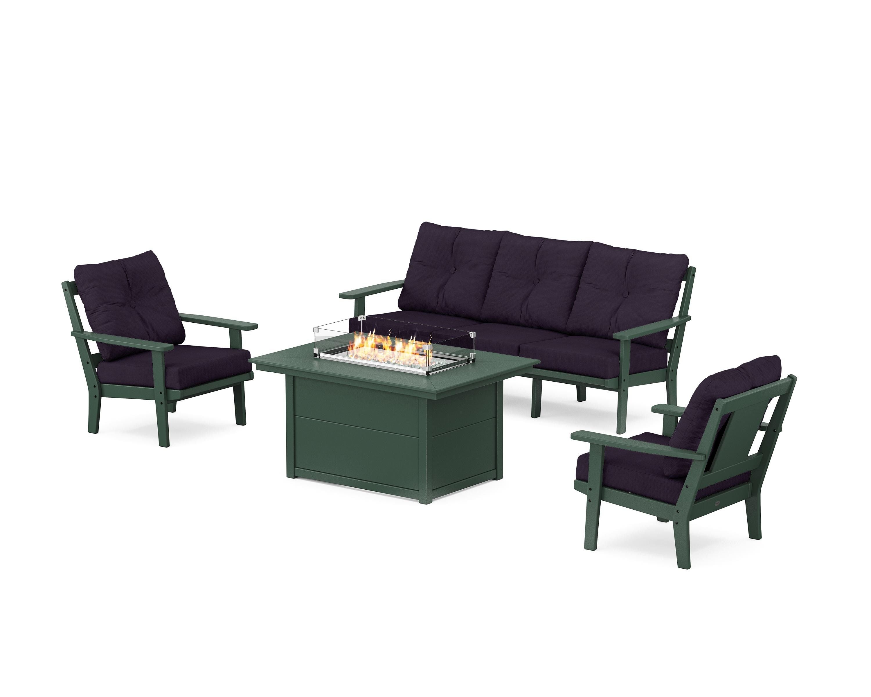 POLYWOOD® Prairie Deep Seating Fire Pit Table Set in Green / Navy Linen