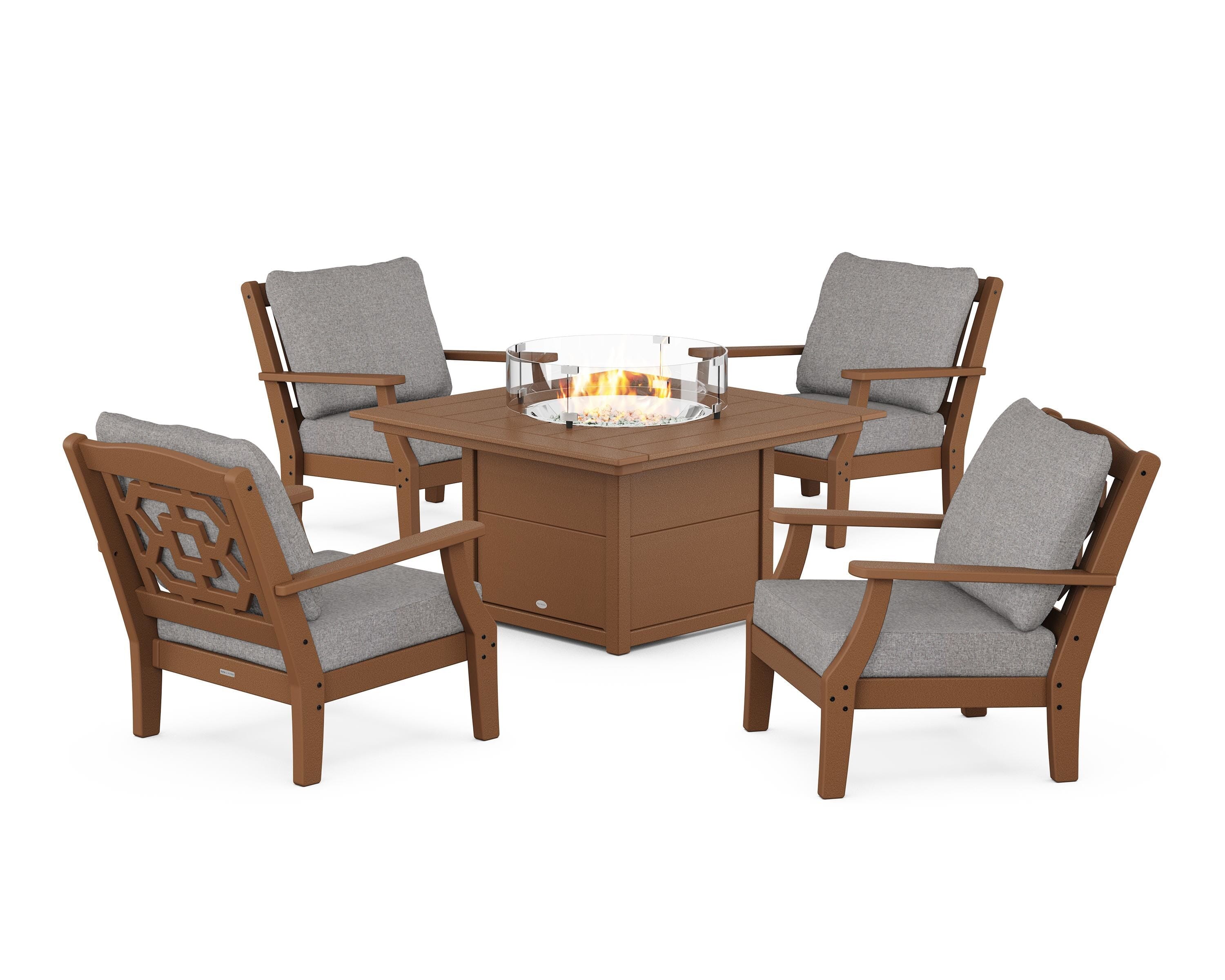 Martha Stewart by POLYWOOD® Chinoiserie 5-Piece Deep Seating Set with Fire Pit Table in Teak / Grey Mist