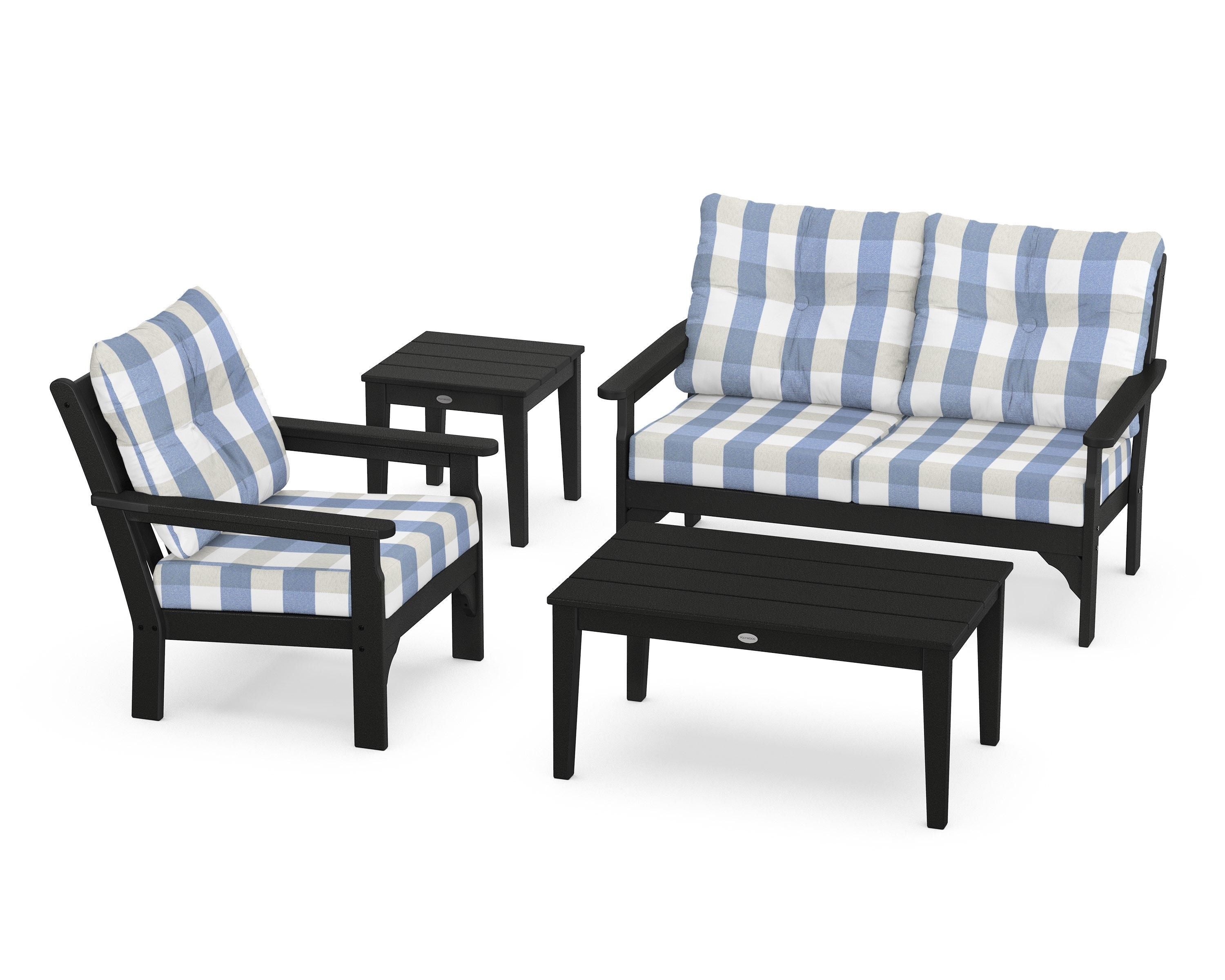 POLYWOOD® Vineyard 4-Piece Deep Seating Set in Black / Buffalo Plaid Sky Blue