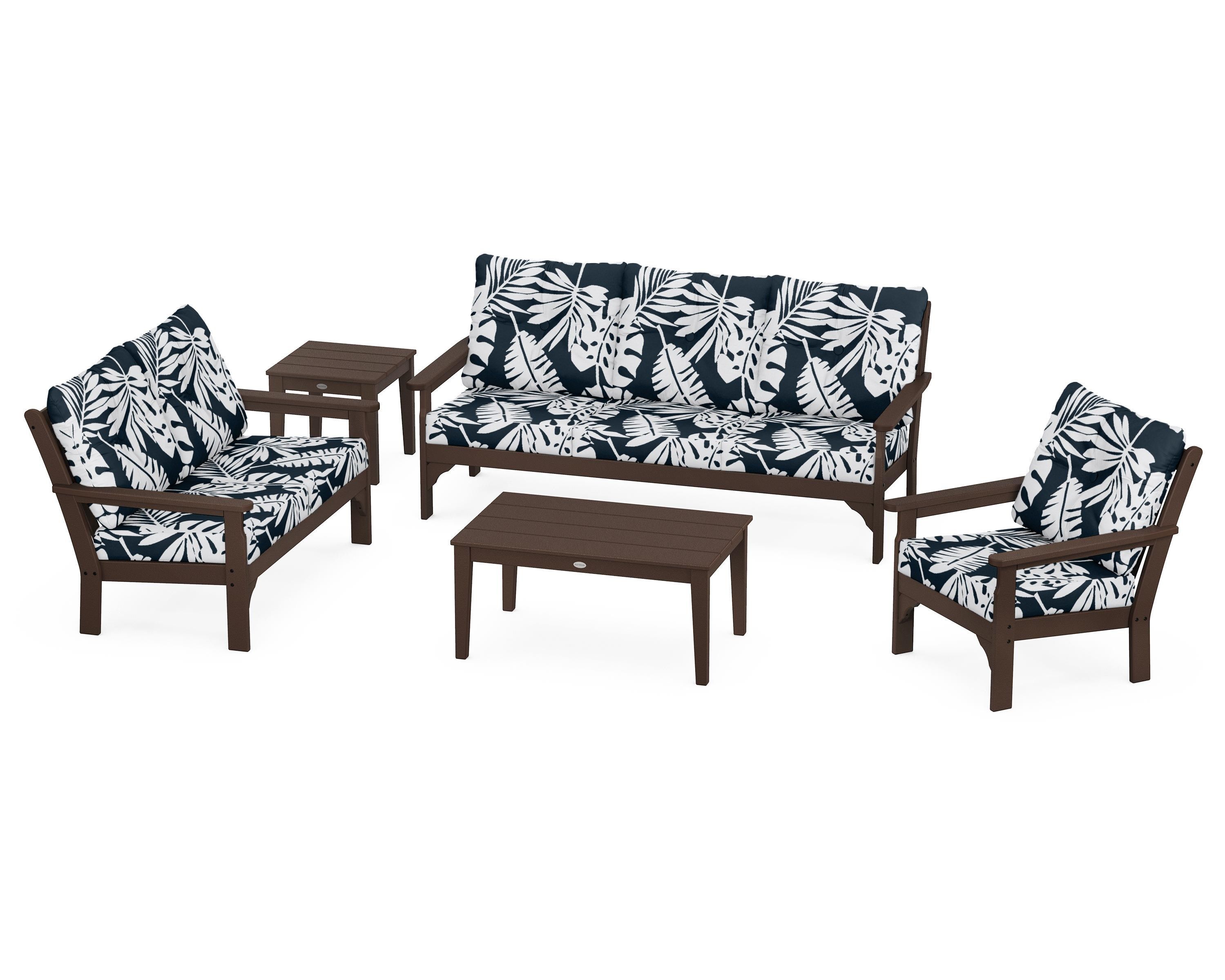 POLYWOOD® Vineyard 5 Piece Deep Seating Set in Mahogany / Leaf Marine Indigo