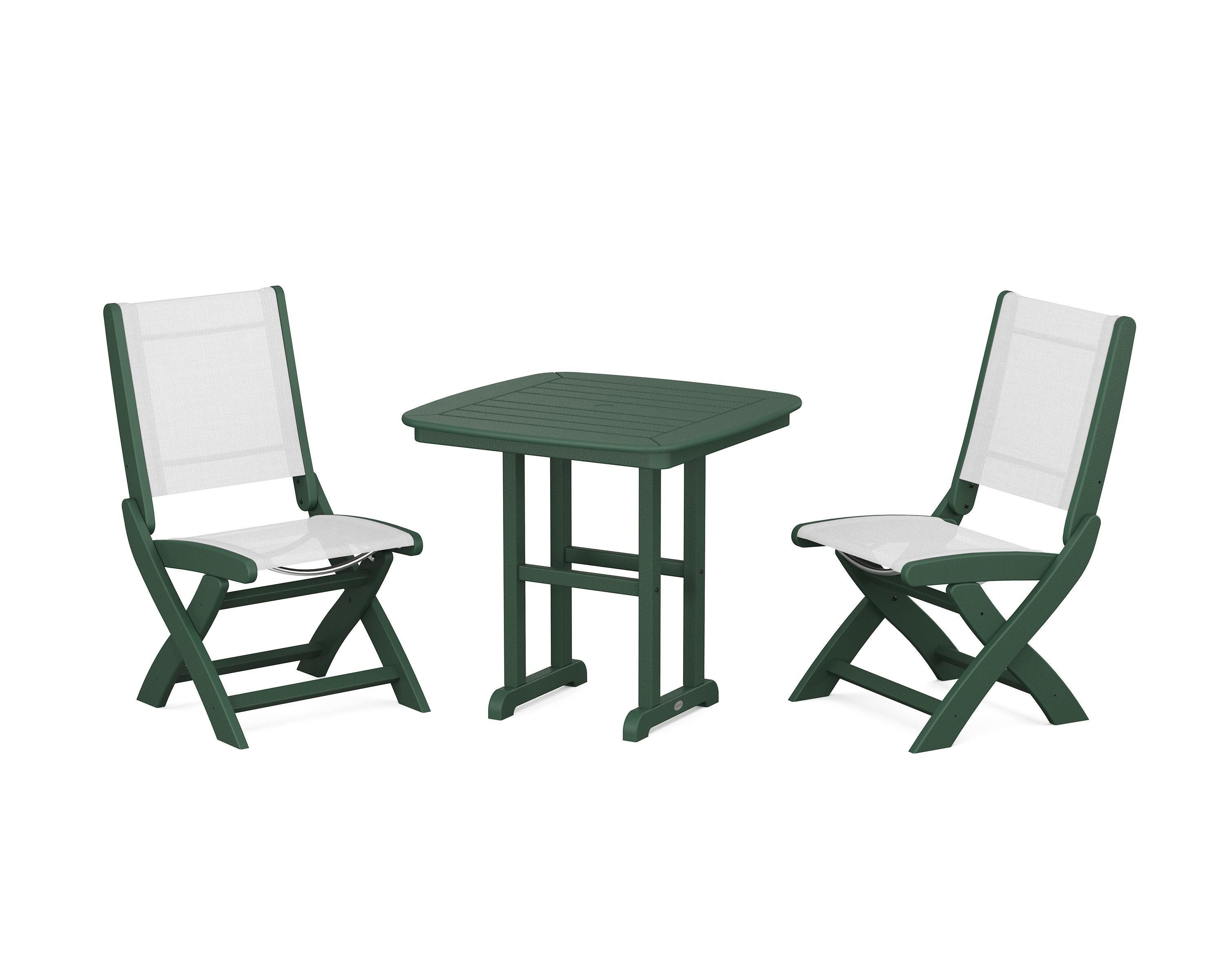 POLYWOOD® Coastal Folding Side Chair 3-Piece Dining Set in Green / White Sling
