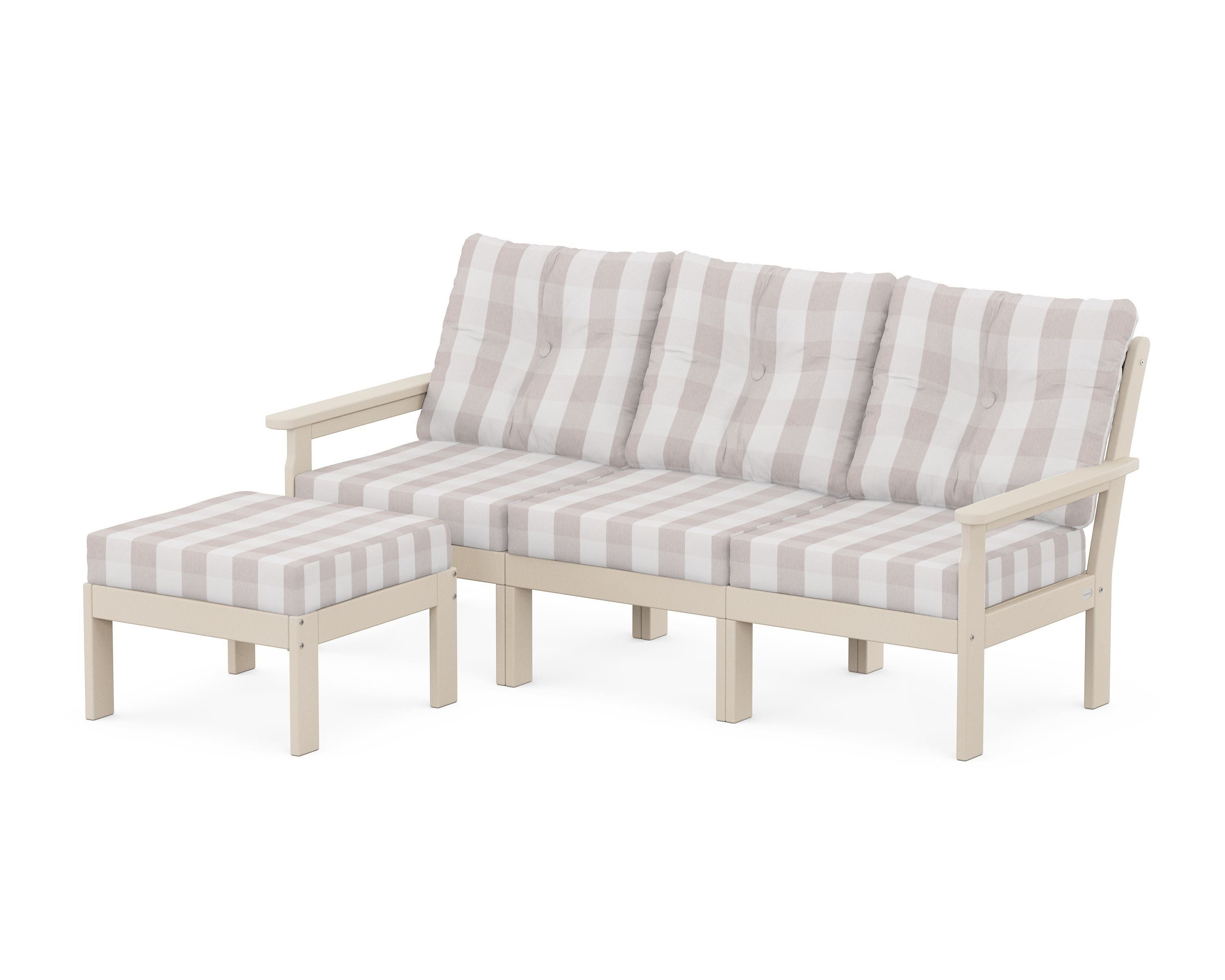POLYWOOD® Vineyard 4-Piece Sectional with Ottoman in Sand / Buffalo Plaid Dune Burlap