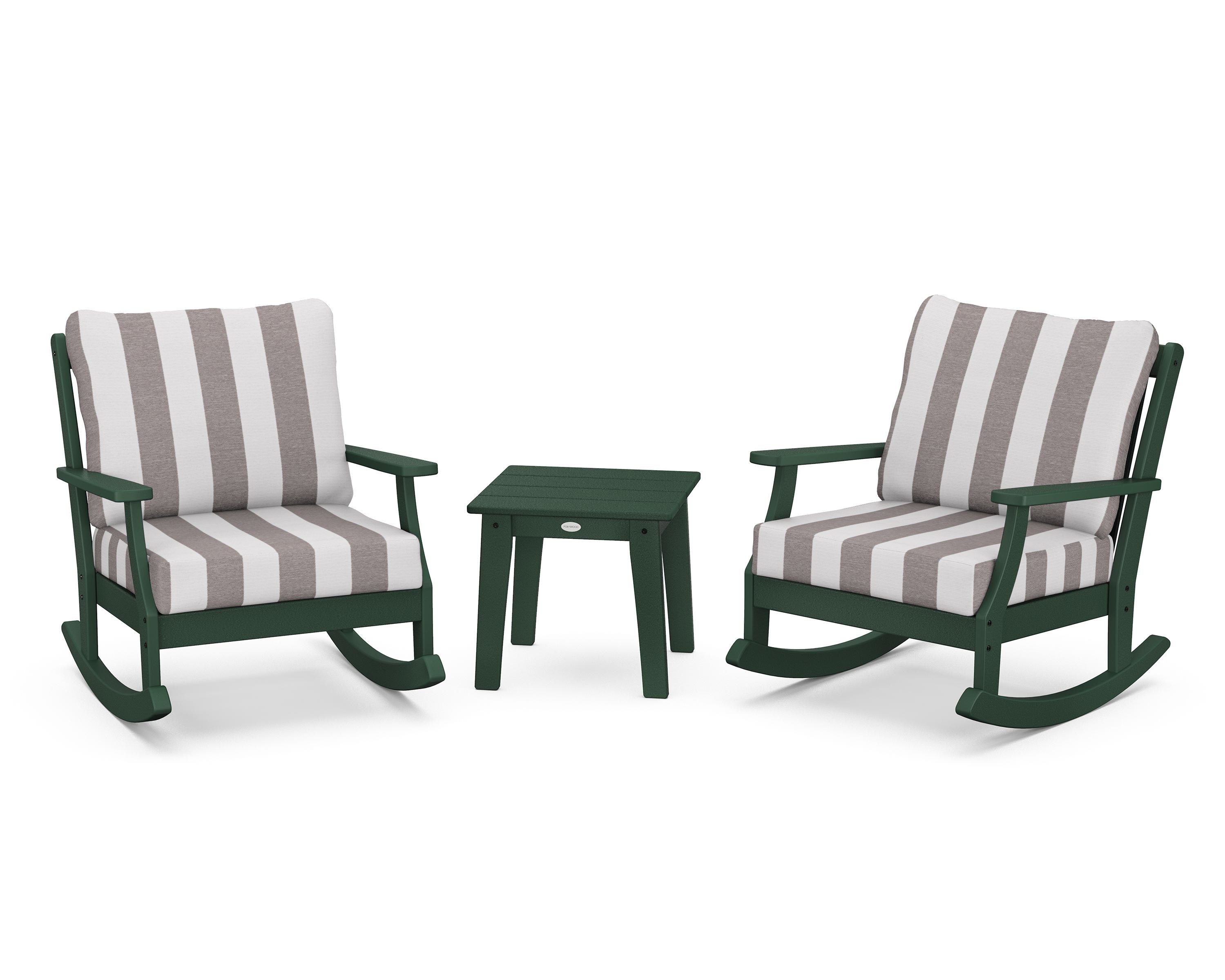 POLYWOOD® Braxton 3-Piece Deep Seating Rocker Set in Green / Cabana Stripe Grey Mist