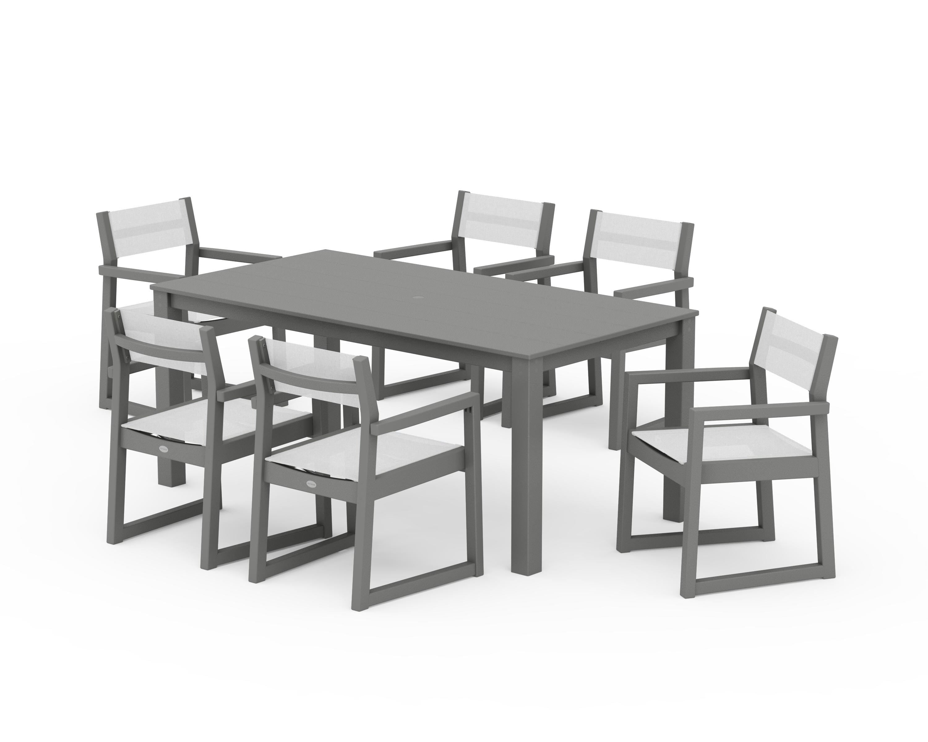 POLYWOOD® EDGE Sling Arm Chair 7-Piece Parsons Dining Set in Slate Grey / White Sling