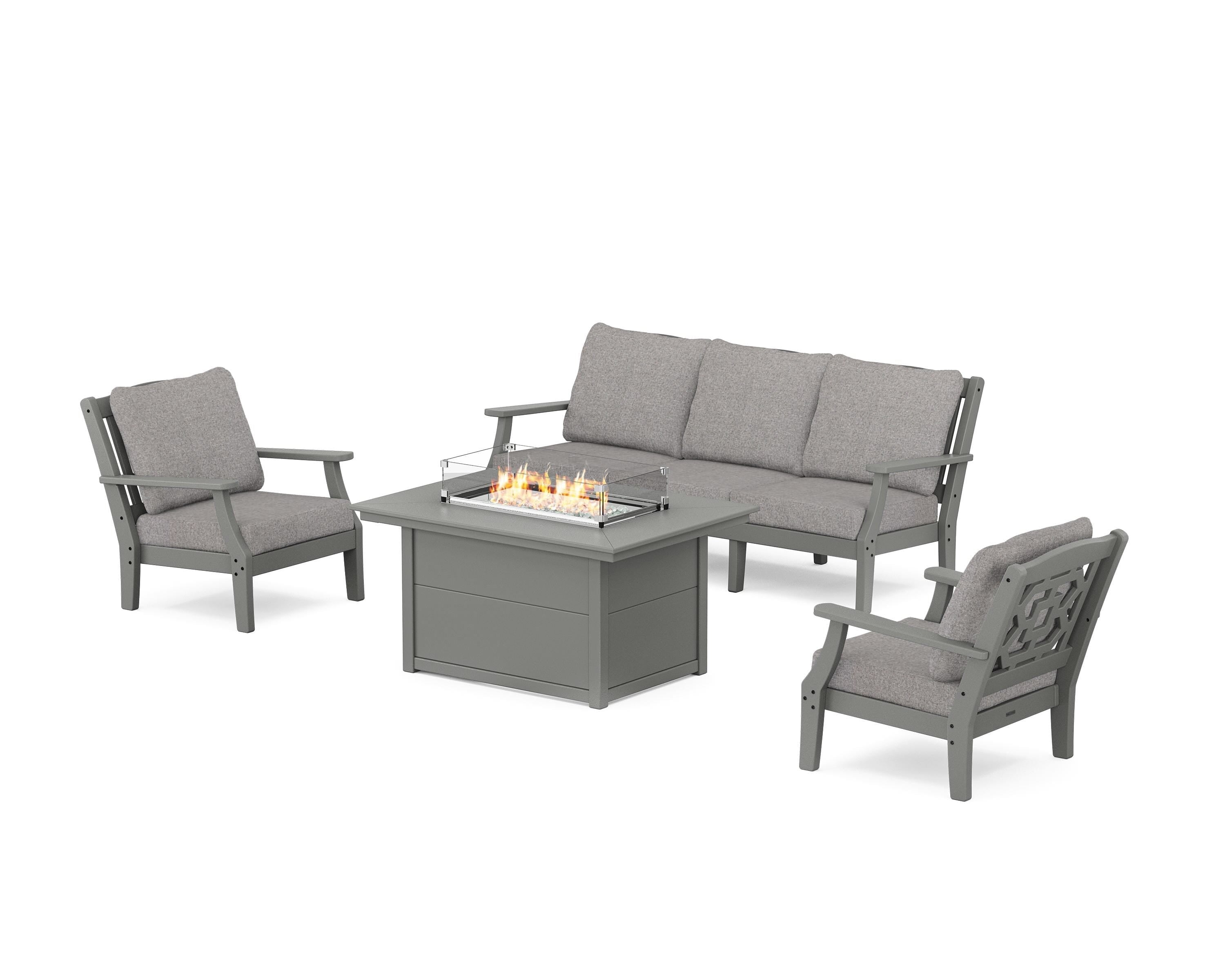 Martha Stewart by POLYWOOD® Chinoiserie Deep Seating Fire Pit Table Set in Slate Grey / Grey Mist