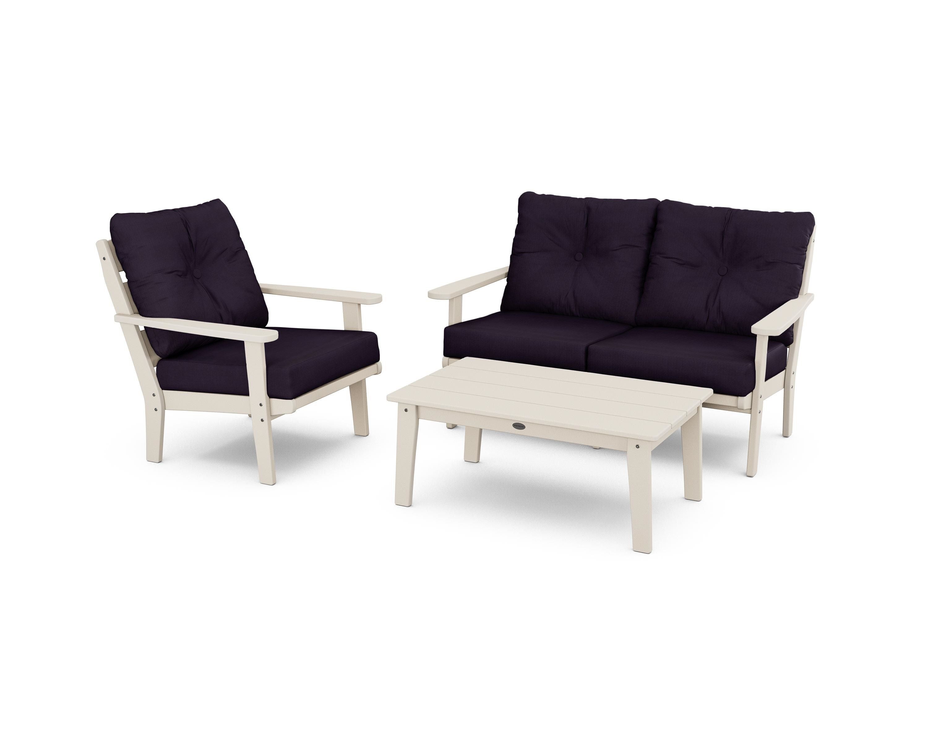 POLYWOOD® Lakeside 3-Piece Deep Seating Set in Sand / Navy Linen