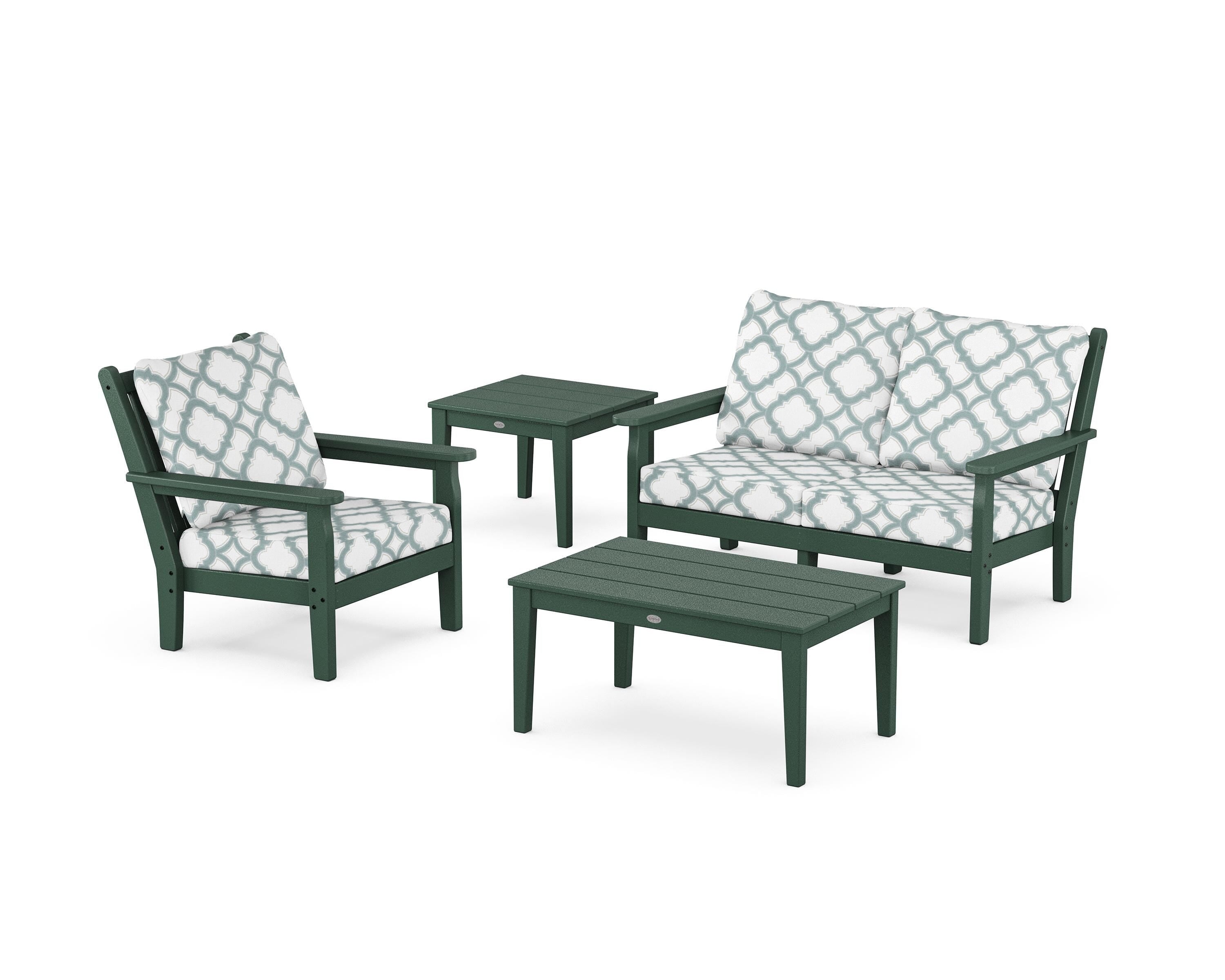 POLYWOOD® Chippendale 4-Piece Deep Seating Set in Green / Trellis Glacier Spa