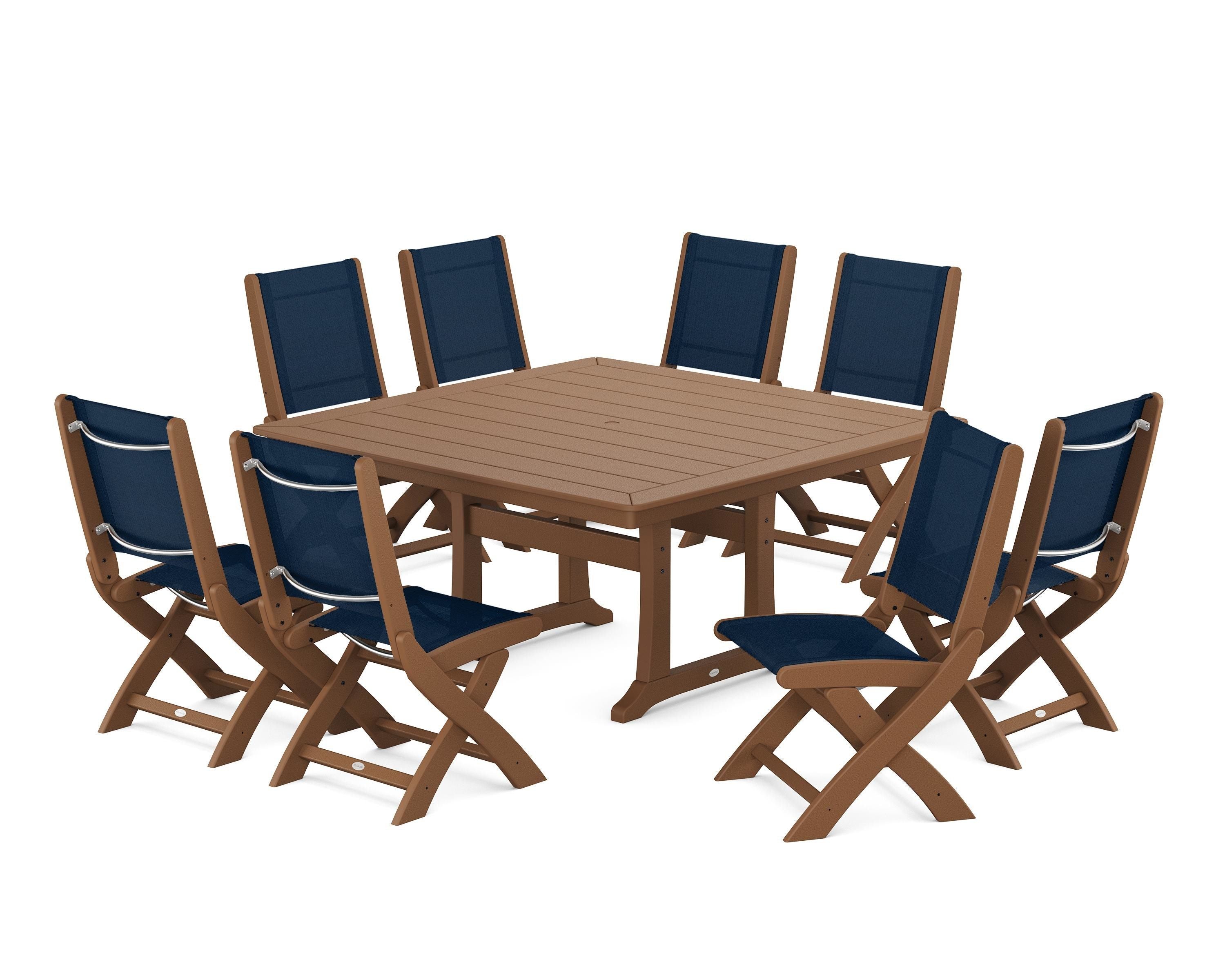 POLYWOOD® Coastal Folding Side Chair 9-Piece Dining Set with Trestle Legs in Teak / Navy Blue Sling