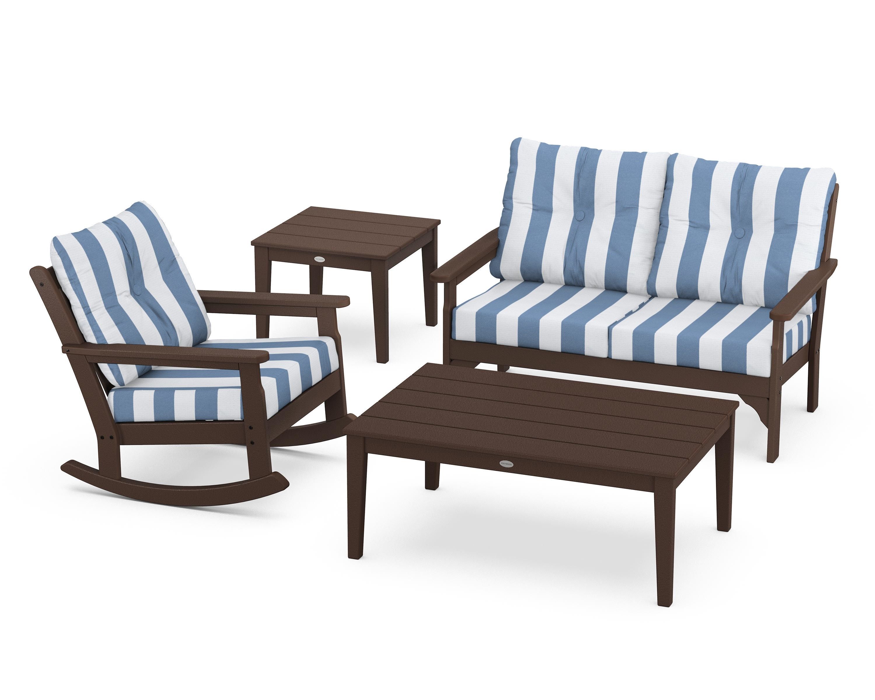 POLYWOOD® Vineyard 4-Piece Deep Seating Rocker Set in Mahogany / Cabana Stripe Sky Blue