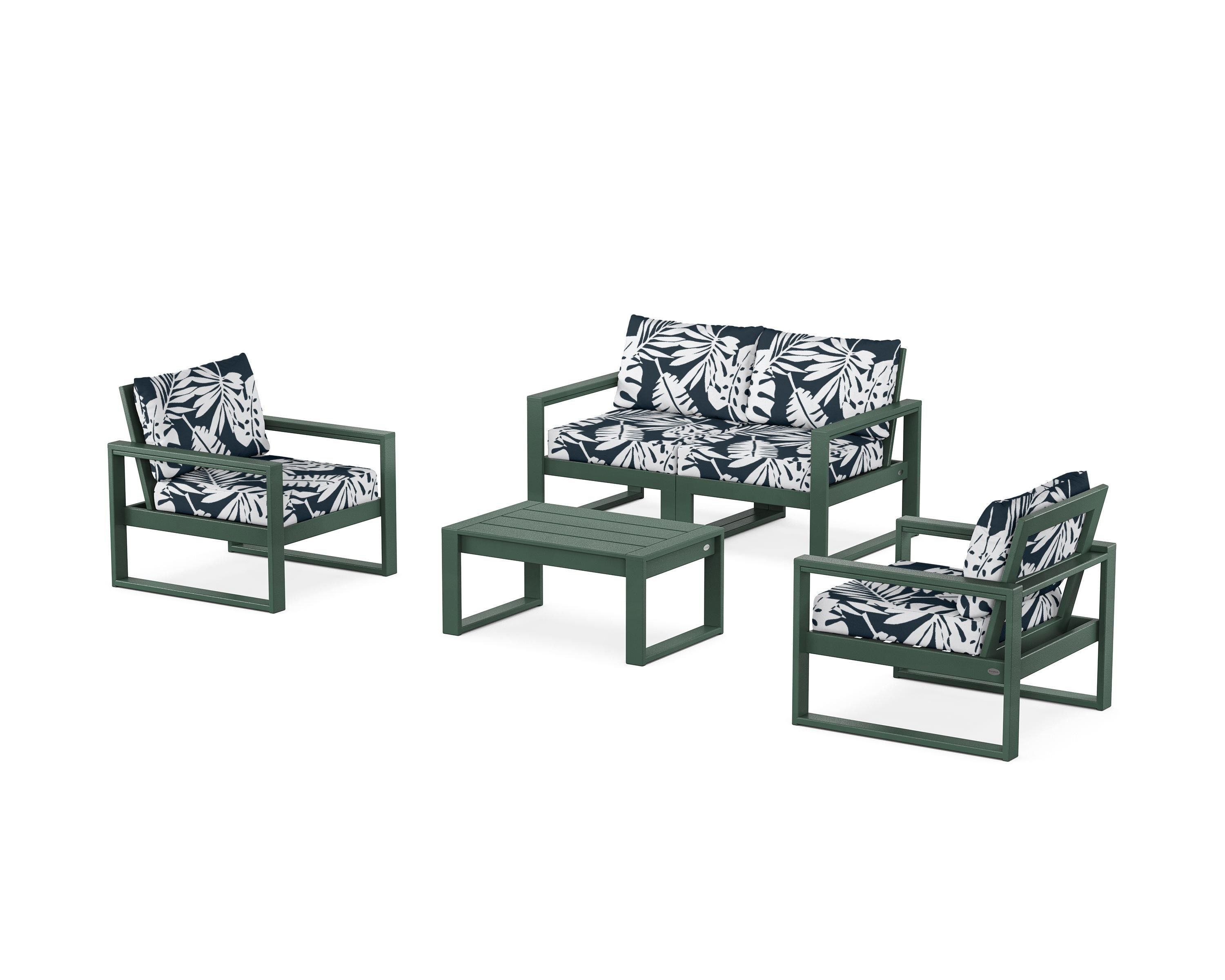 POLYWOOD® EDGE Sectional 4-Piece Deep Seating Set with Loveseat in Green / Leaf Marine Indigo