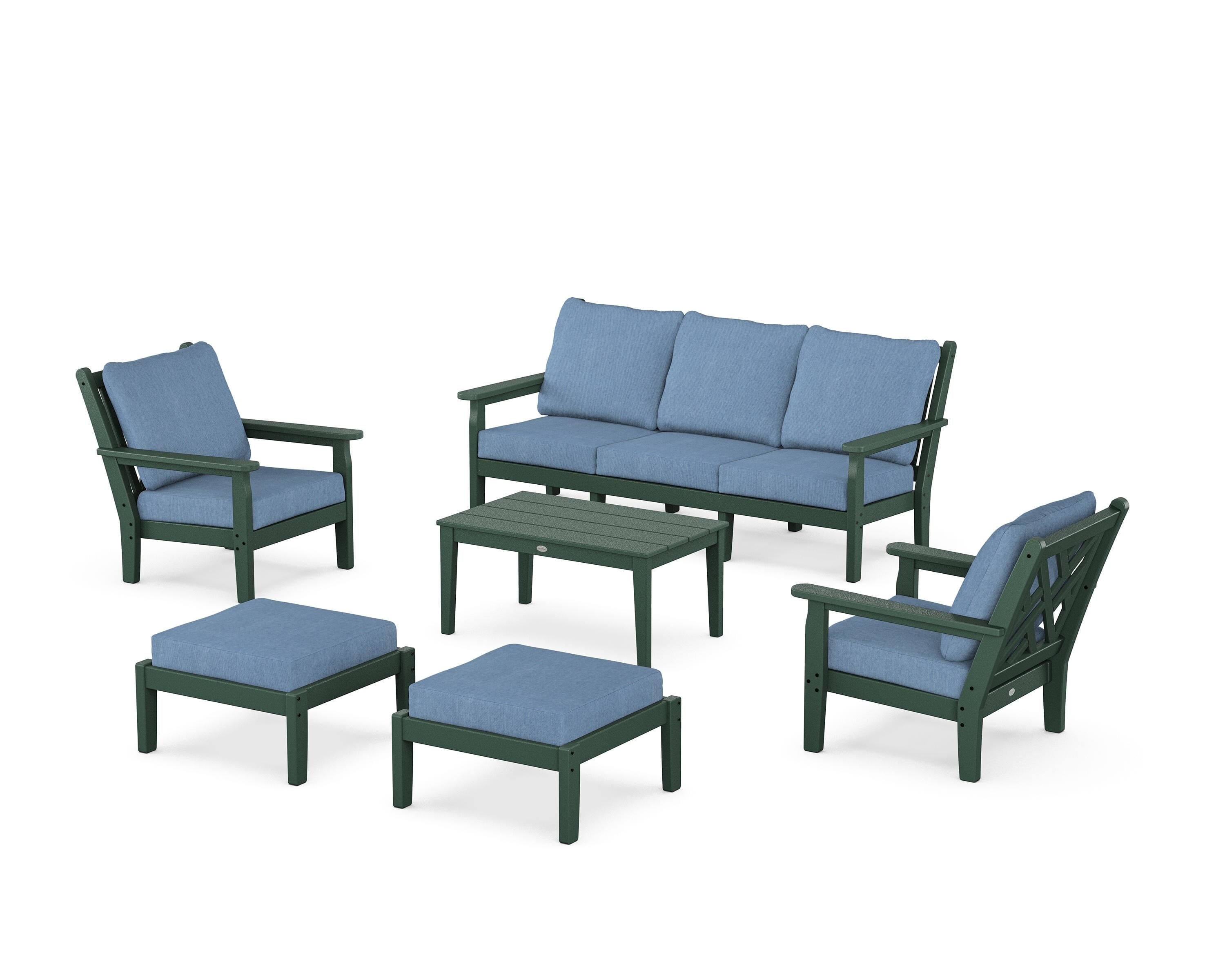 POLYWOOD® Chippendale 6-Piece Lounge Sofa Set in Green / Sky Blue