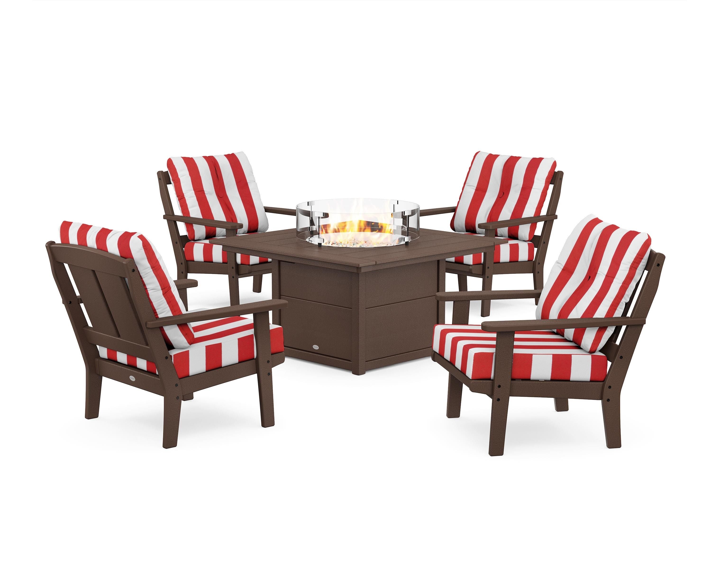 POLYWOOD® Mission 5-Piece Deep Seating Set with Fire Pit Table in Mahogany / Cabana Stripe Crimson